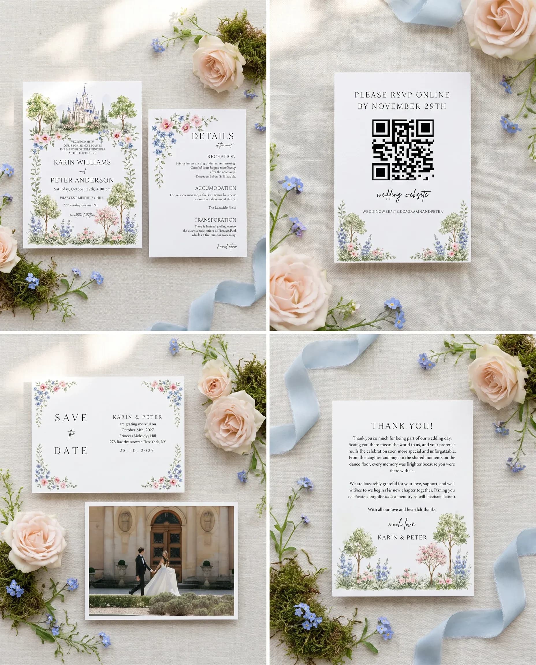 Meadow Spire wedding invitation set — invitation, details card, RSVP, save the date and thank you card shown in a flat lay, wedding invitation suite.