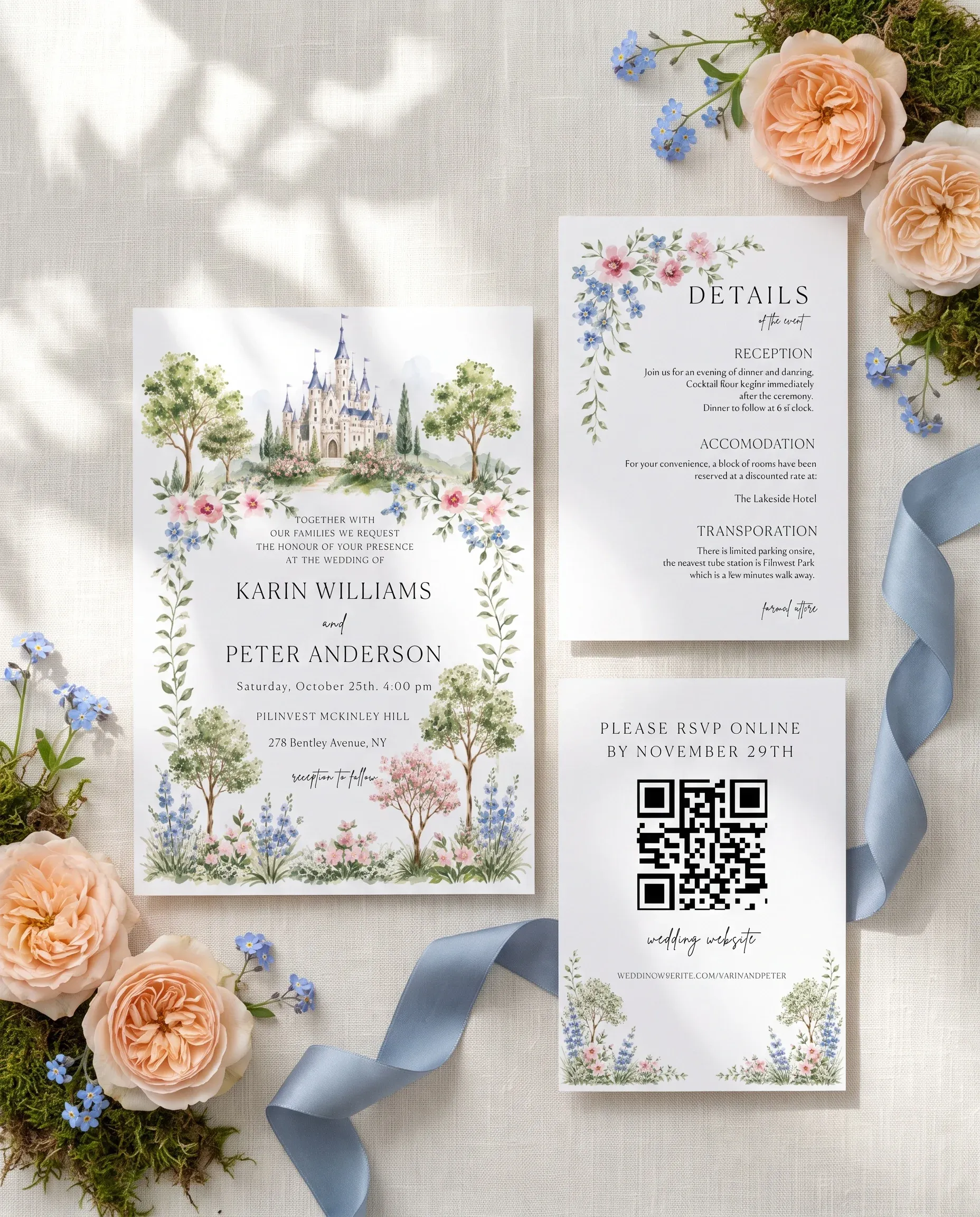 Meadow Spire wedding invitation set — invitation, details card and RSVP shown in a flat lay, printable wedding invitations