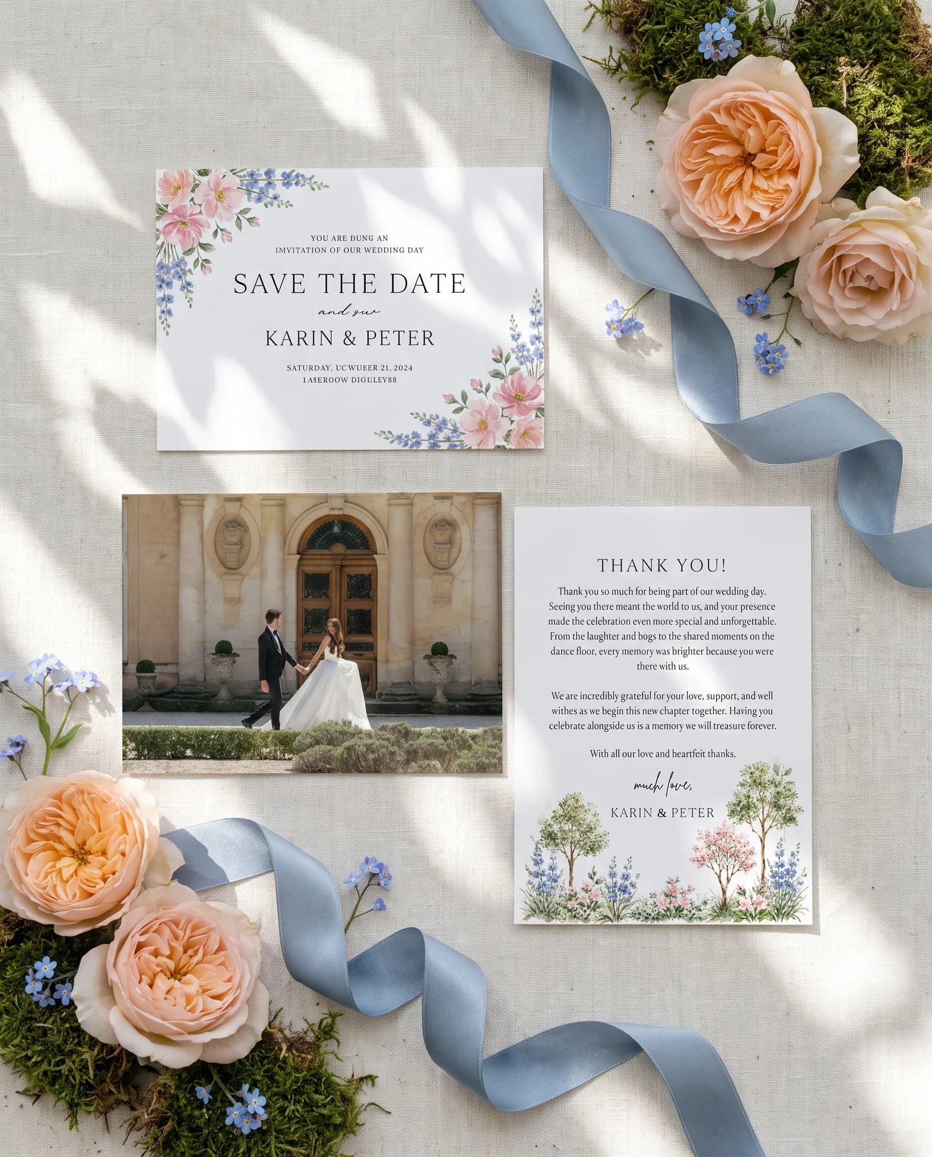 Meadow Spire wedding invitation set — save the date and thank you card shown in a flat lay, wedding invitation templates.