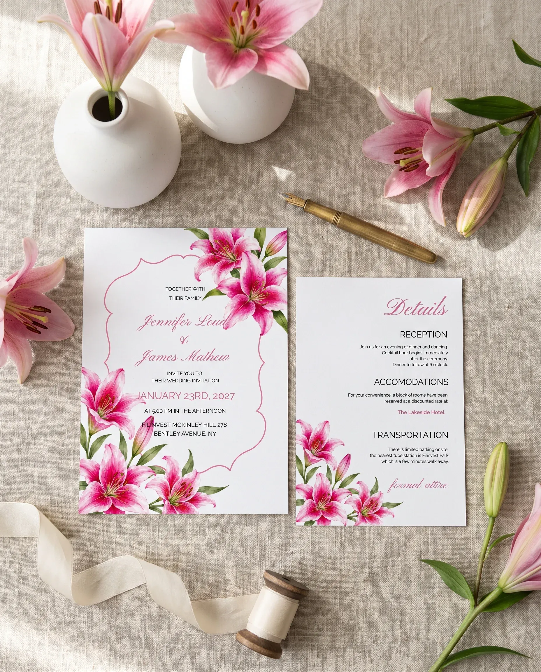 Lily Bloom wedding invitation suite — invitation and details card arranged side by side in a flat lay, wedding details card.