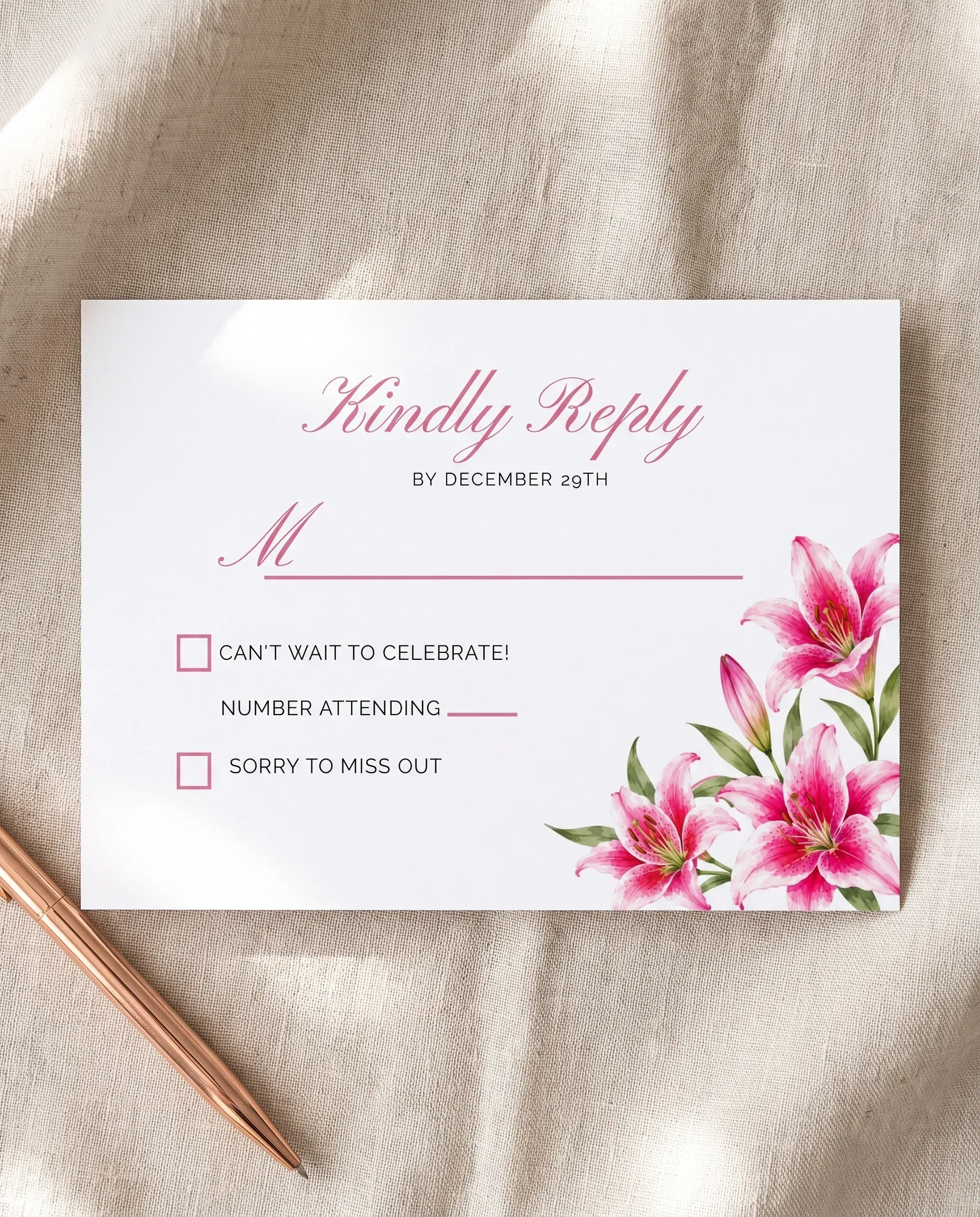 Lily Bloom wedding invitation suite — RSVP card shown in a flat lay, wedding RSVP cards.