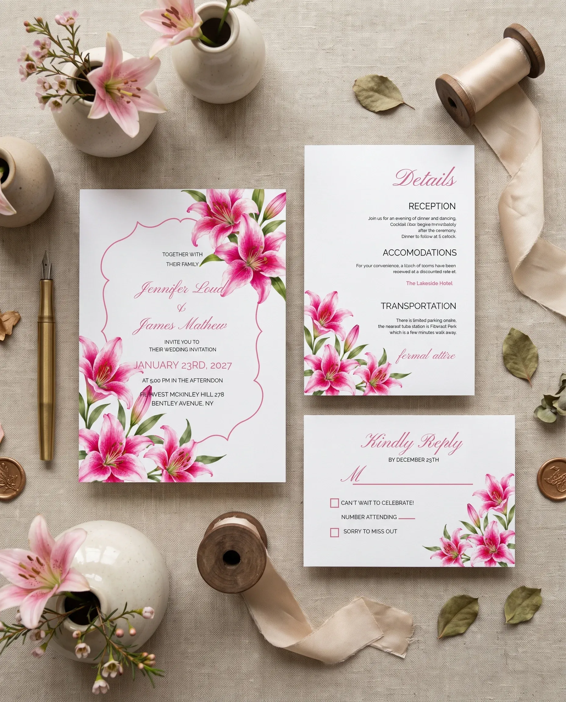 Lily Bloom wedding invitation suite — invitation, details card and RSVP shown in a flat lay, wedding invitation templates