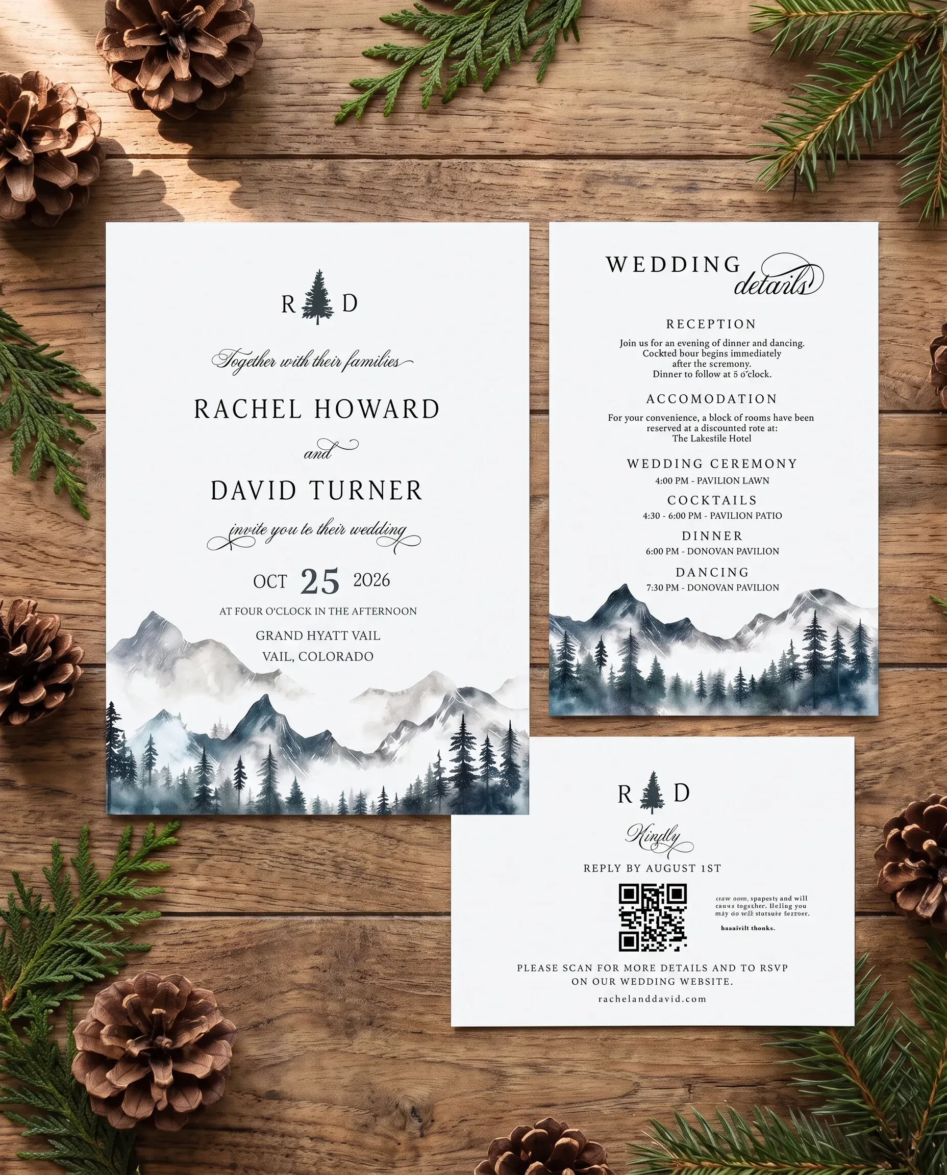 Pinecrest wedding invitation suite — invitation, details card and RSVP shown in a flat lay under soft natural light, wedding invitation templates