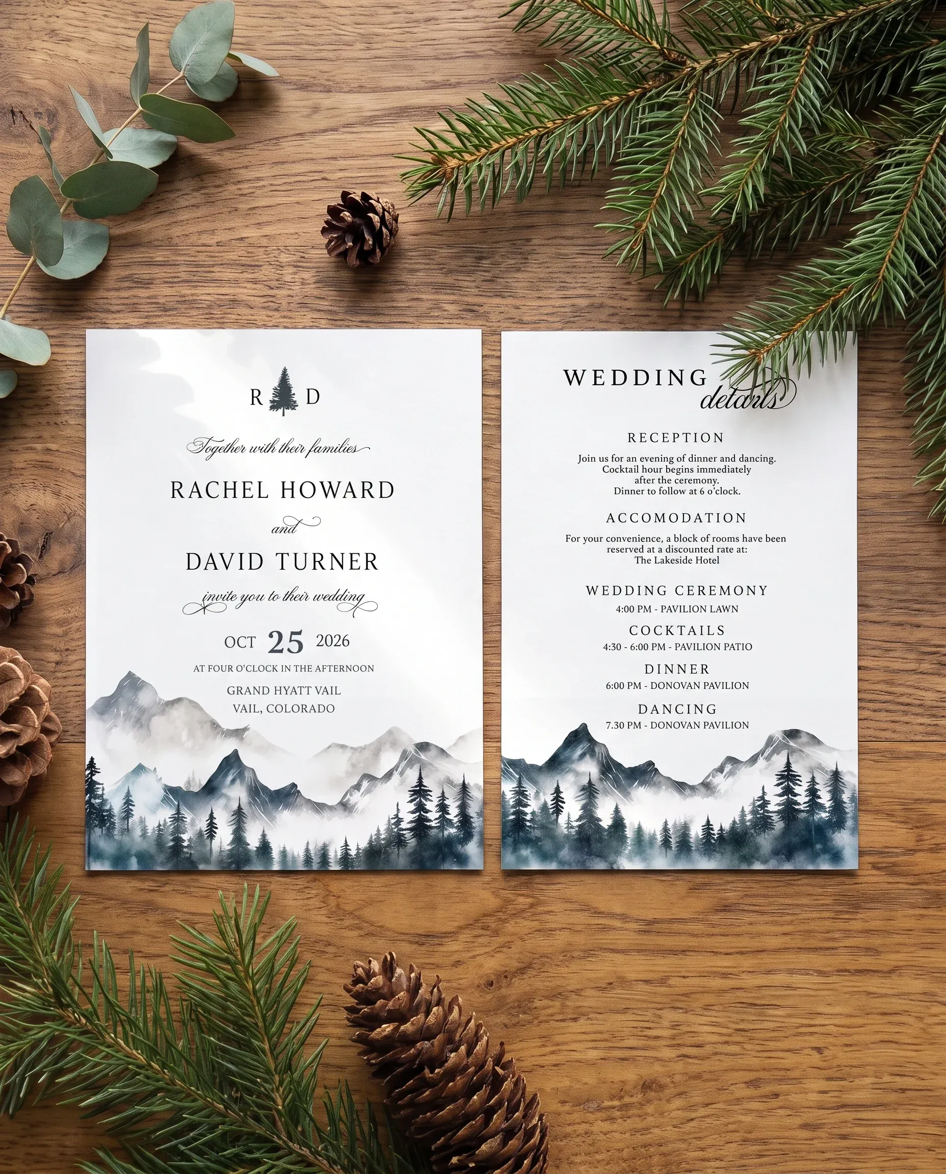 Pinecrest wedding invitation suite — invitation and details card shown in a flat lay with soft natural light, wedding details card.