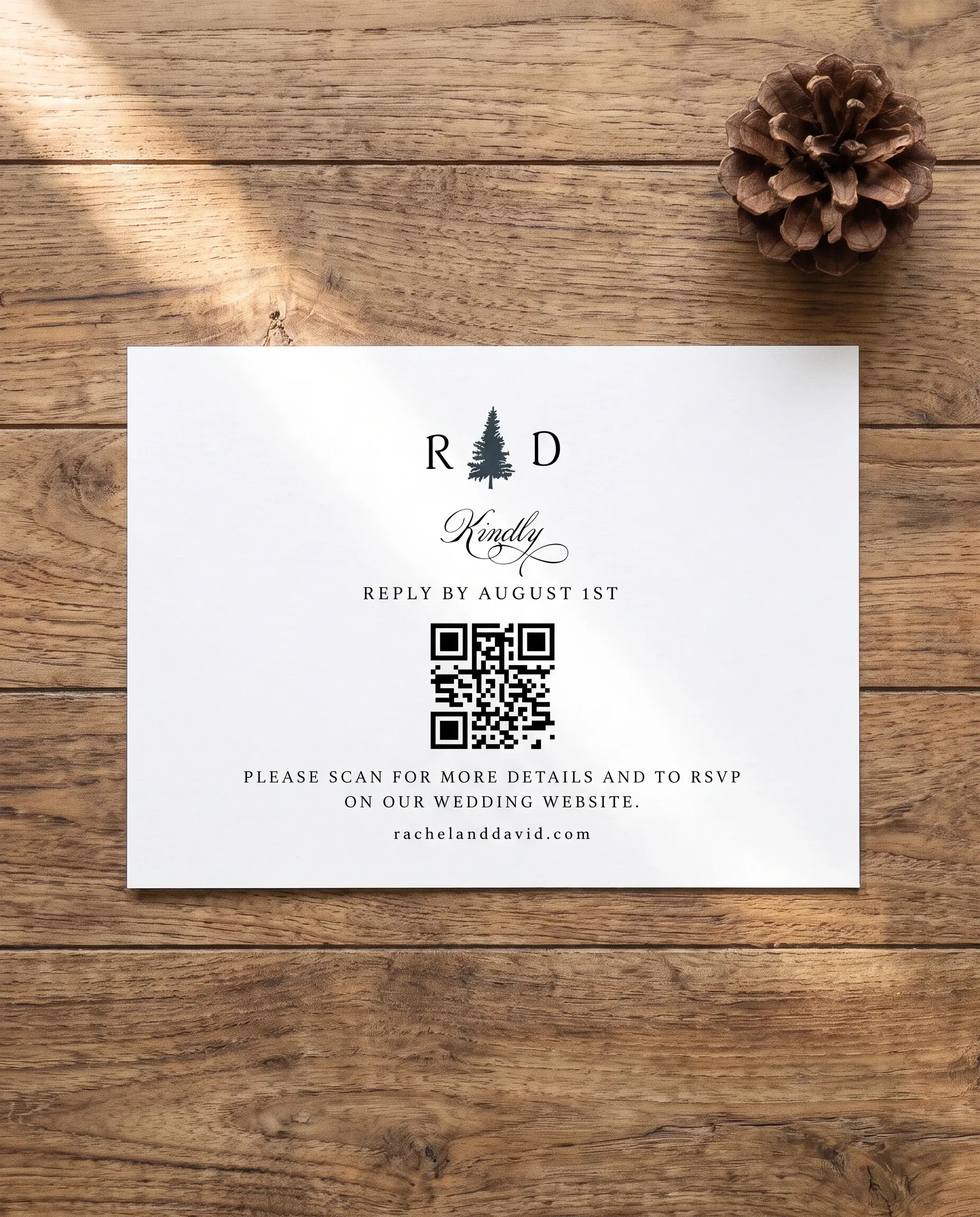 Pinecrest wedding invitation suite — RSVP card shown in a flat lay under soft overhead light, wedding RSVP cards.
