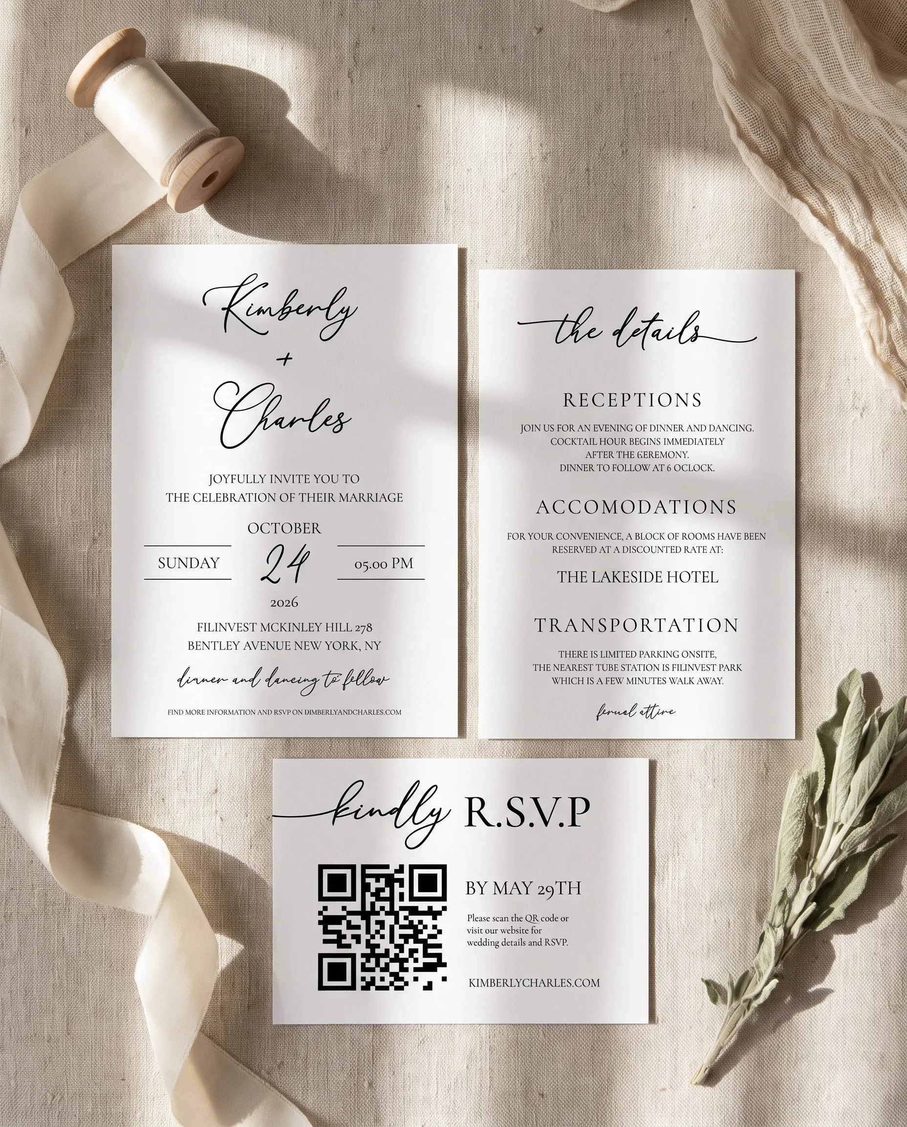 Quiet Line wedding invitation suite — invitation, details card and RSVP shown together in an overhead flat lay on soft editorial paper, wedding invitation templates.
