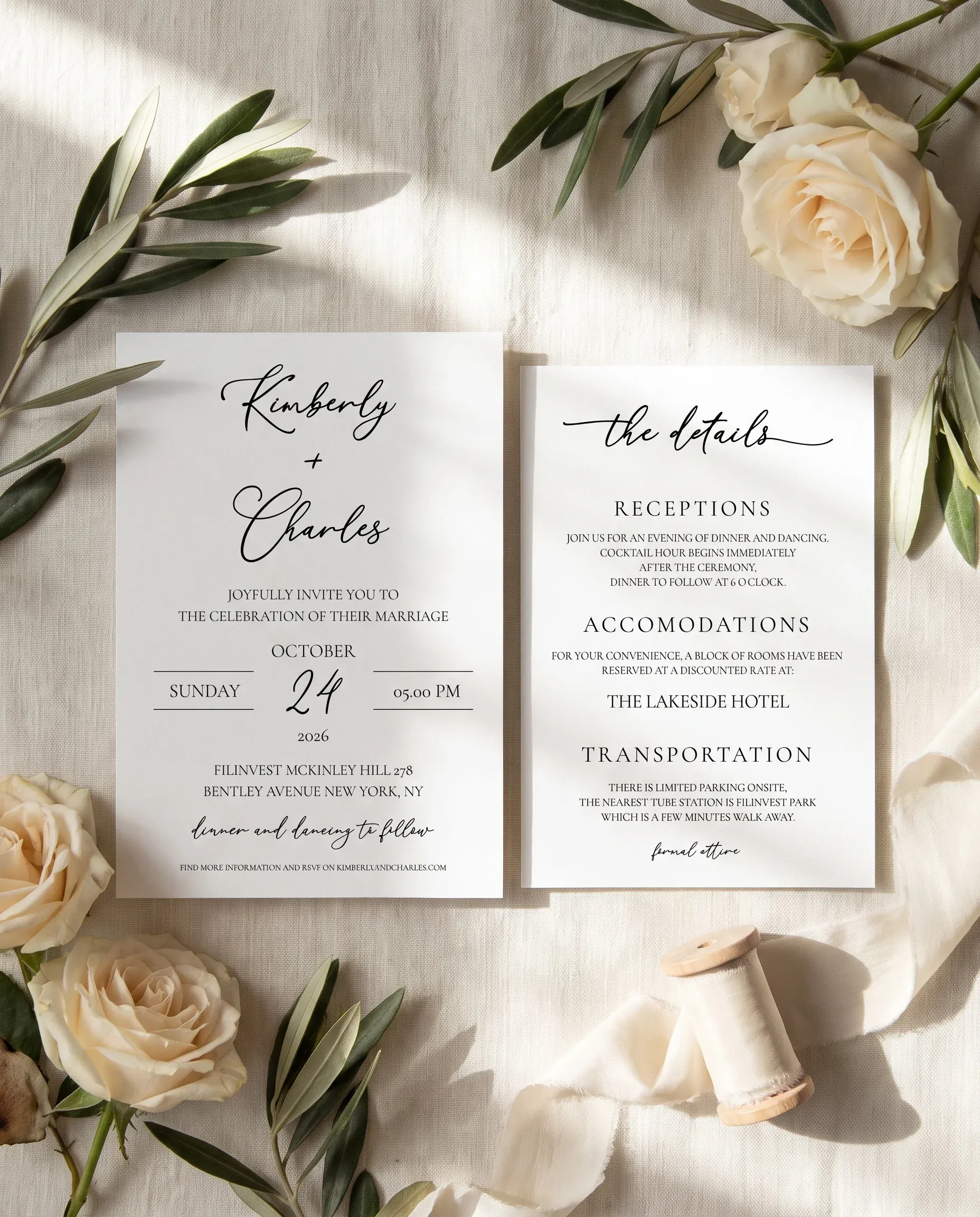 Quiet Line wedding invitation suite — invitation and details card arranged in a flat lay on premium paper, wedding details card.