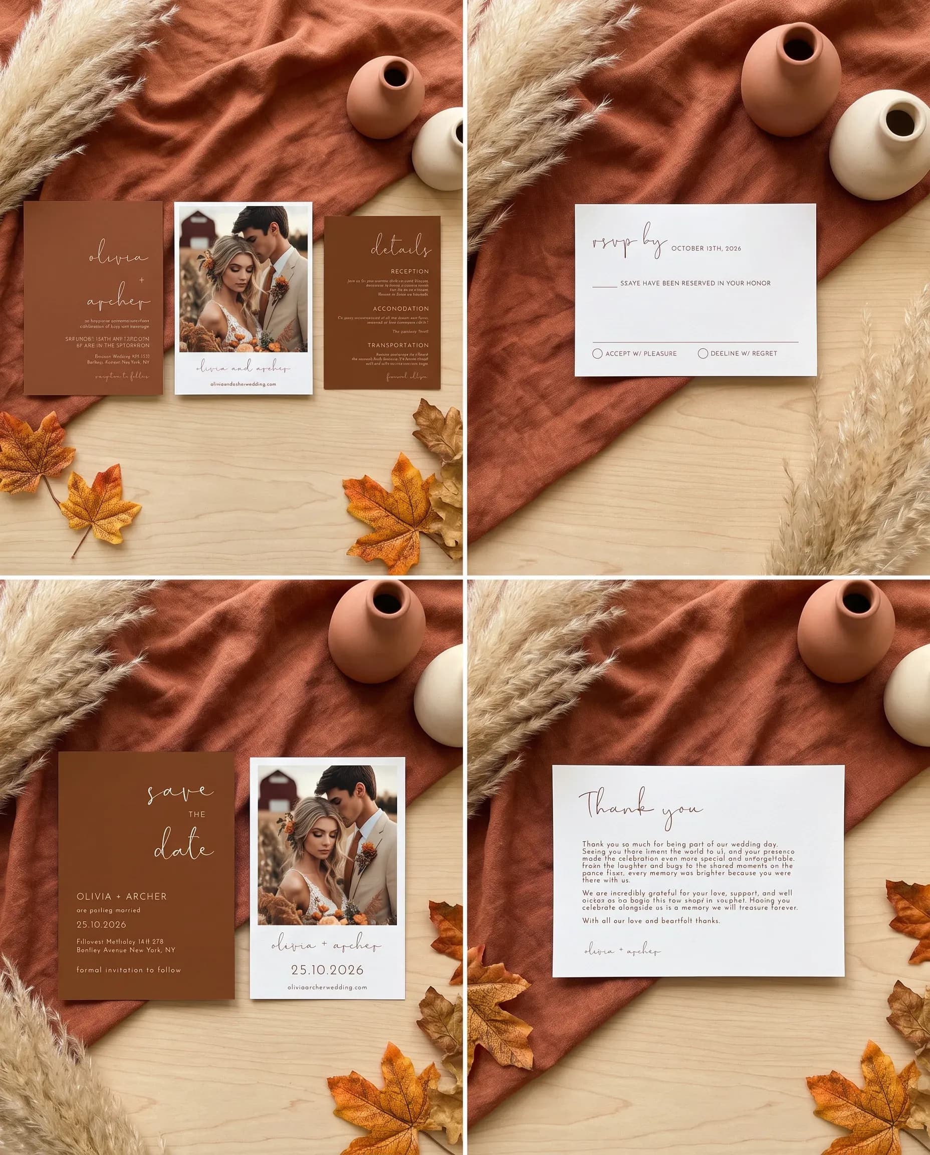 Stevens wedding invitation set — invitation, details card, RSVP, save the date and thank you card shown in a flat lay, wedding invitation suite