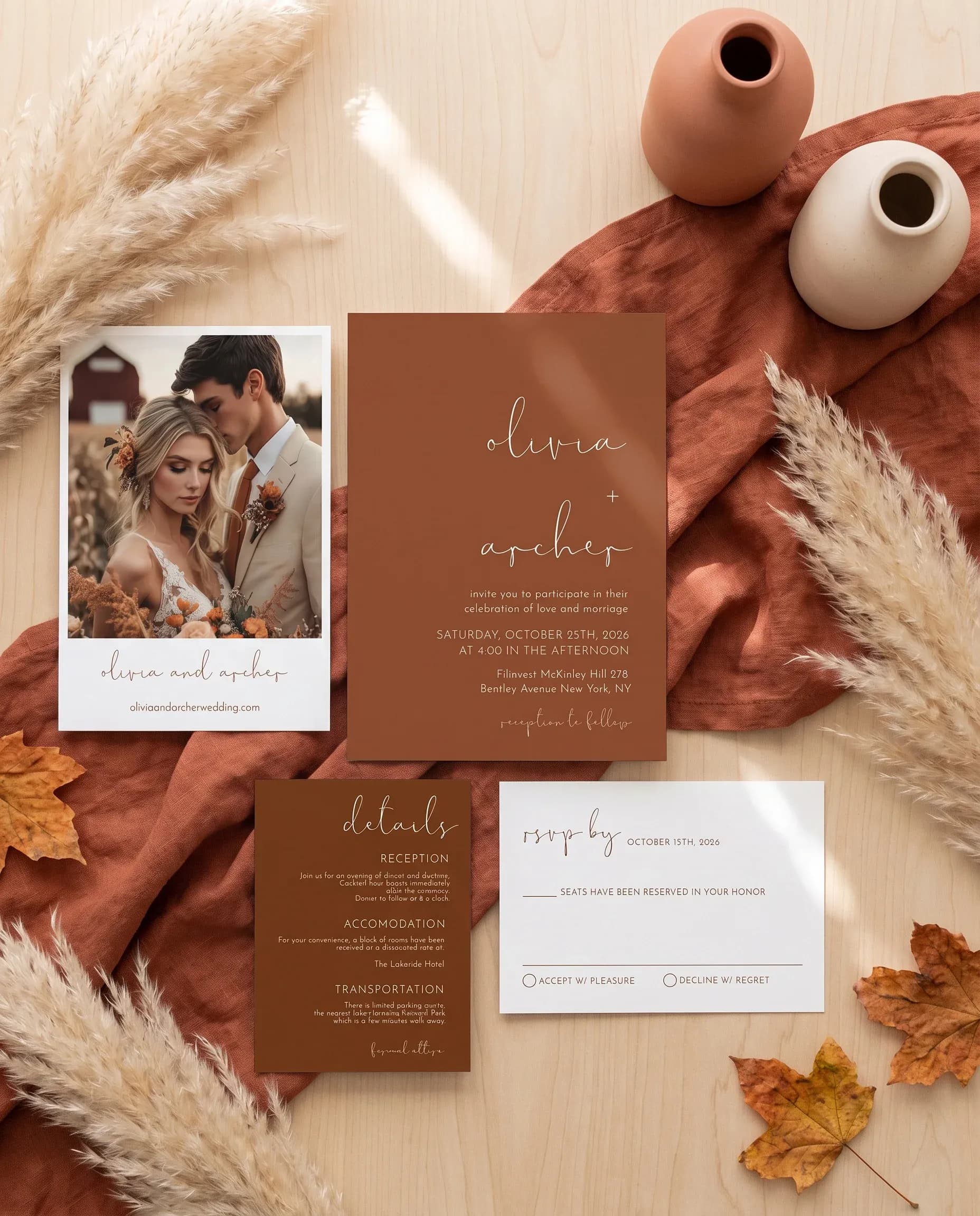 Stevens wedding invitation set — invitation, details card and RSVP arranged in a flat lay under soft natural light, printable wedding invitations.