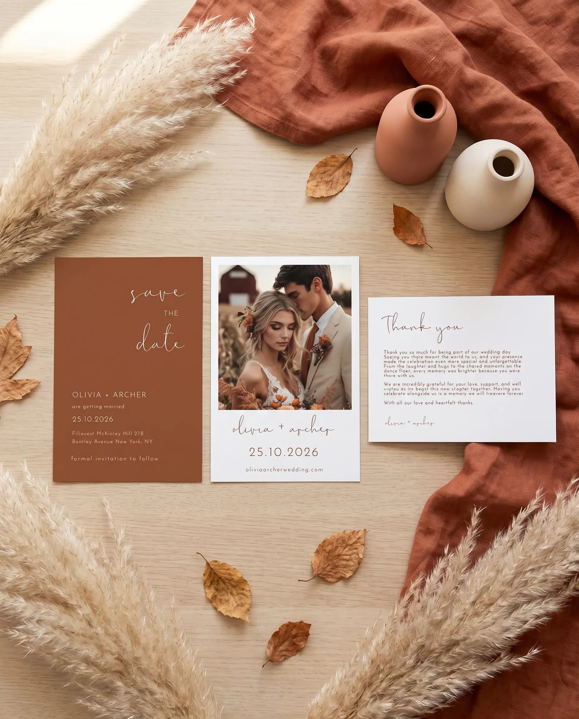 Stevens wedding invitation set — save the date and thank you card shown in a flat lay, wedding invitation templates