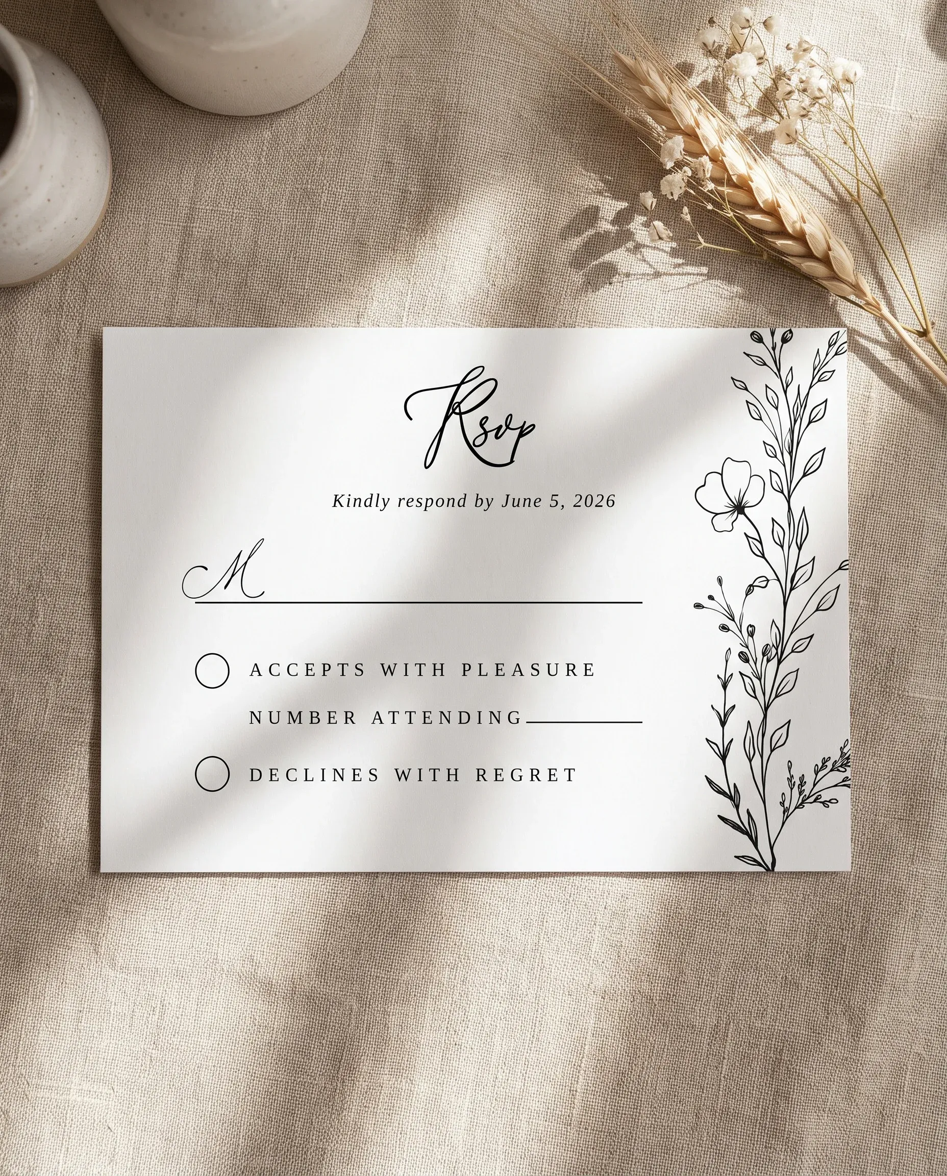 Meadow Sprig wedding invitation suite — RSVP card shown in a flat lay, wedding RSVP cards.