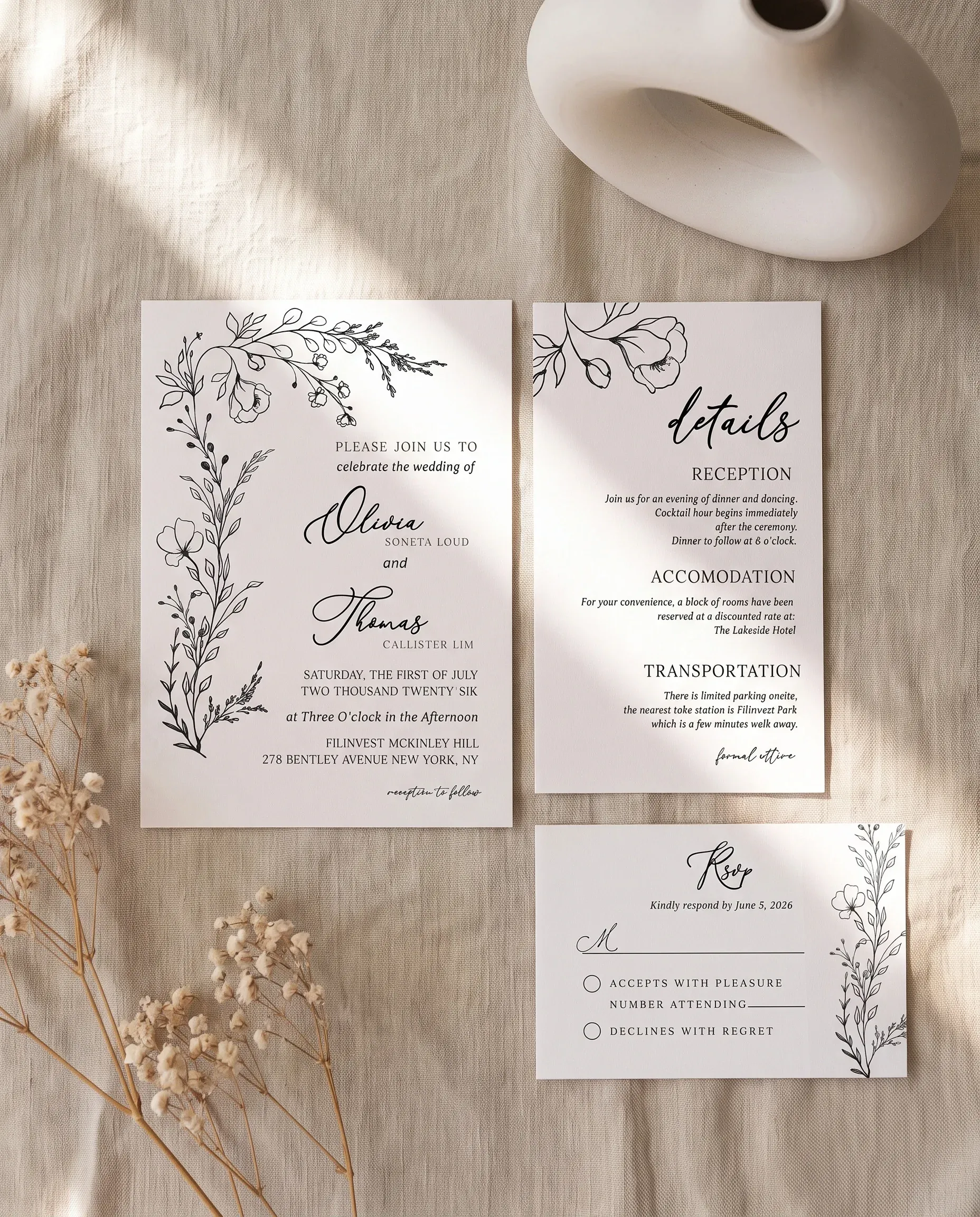 Meadow Sprig wedding invitation suite — invitation, details card and RSVP shown in a flat lay, wedding invitation templates.