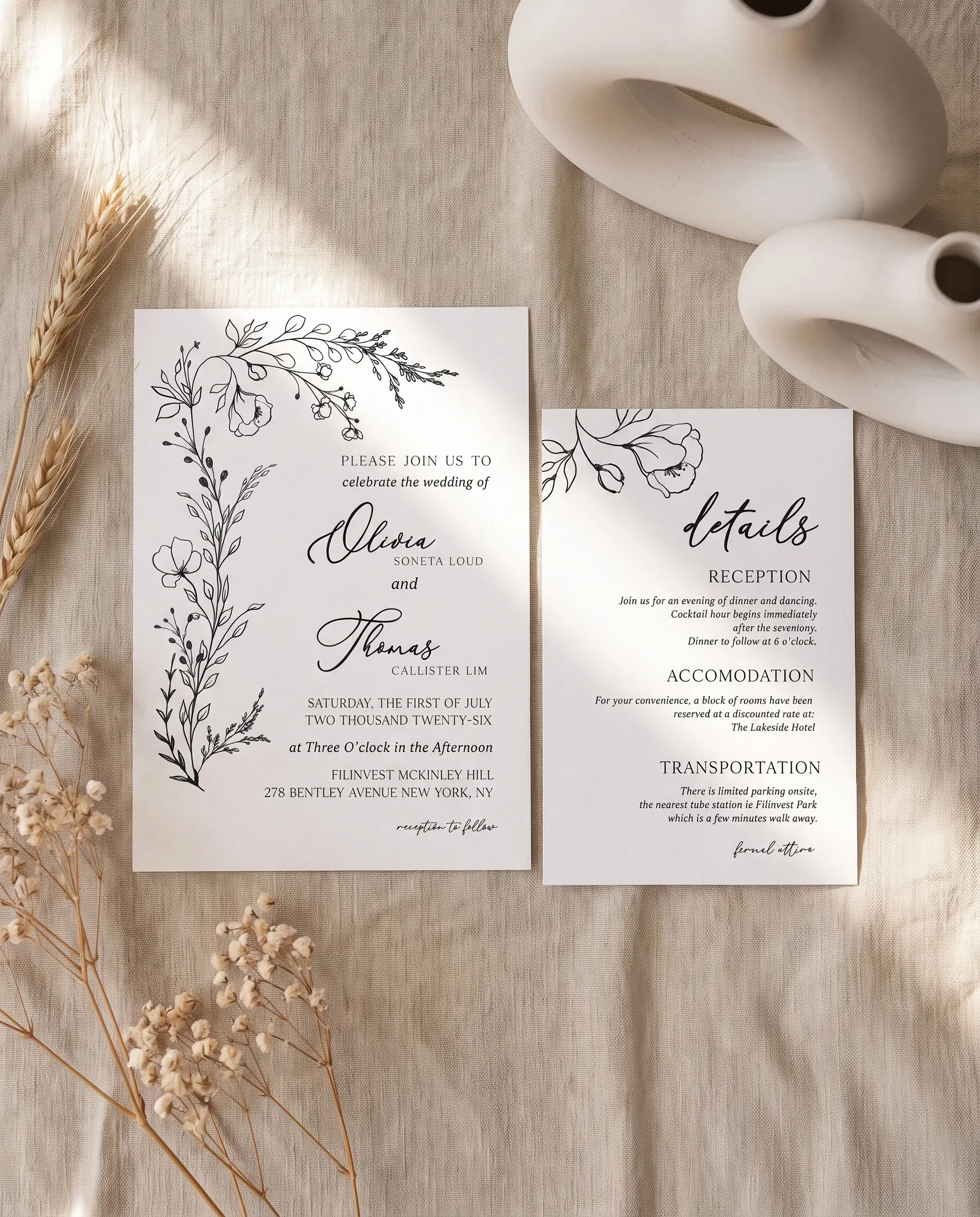 Meadow Sprig wedding invitation suite — invitation and details card arranged in a flat lay under soft light, wedding details card