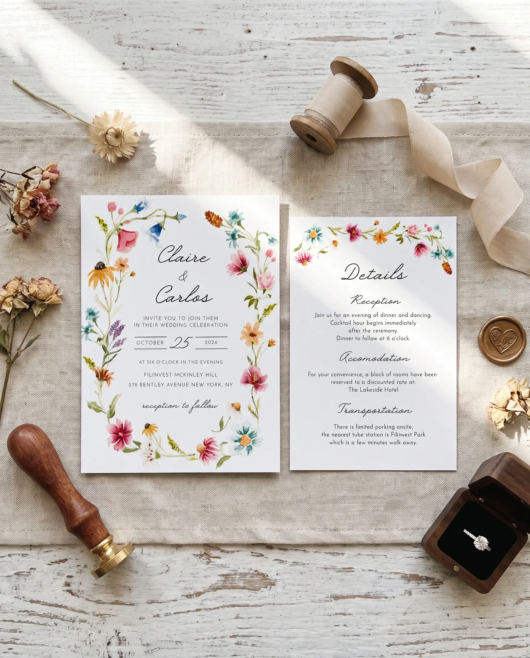 Meadow Ring wedding invitation suite — invitation and details card arranged together in a flat lay under soft natural light, wedding details card.