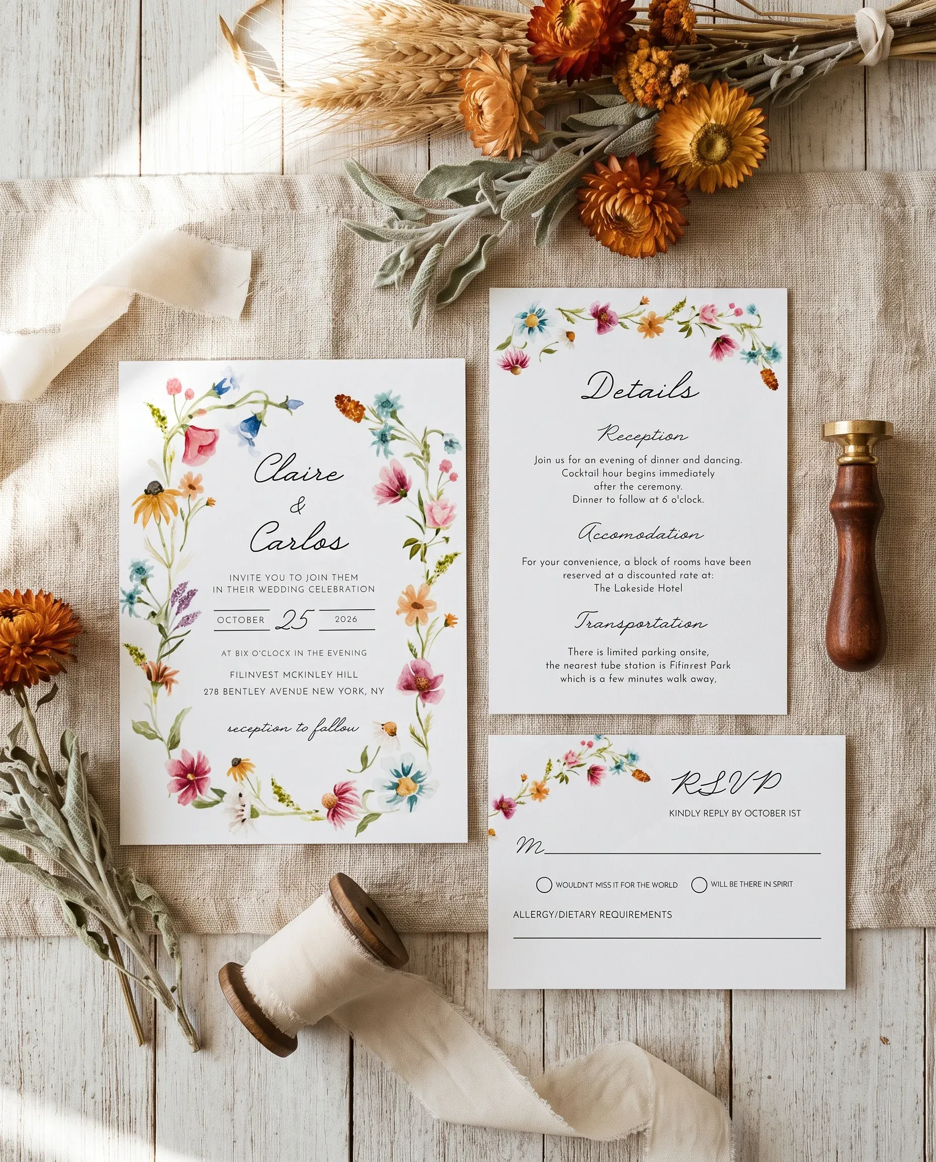 Meadow Ring wedding invitation suite — invitation, details card and RSVP shown in a flat lay, wedding invitation templates
