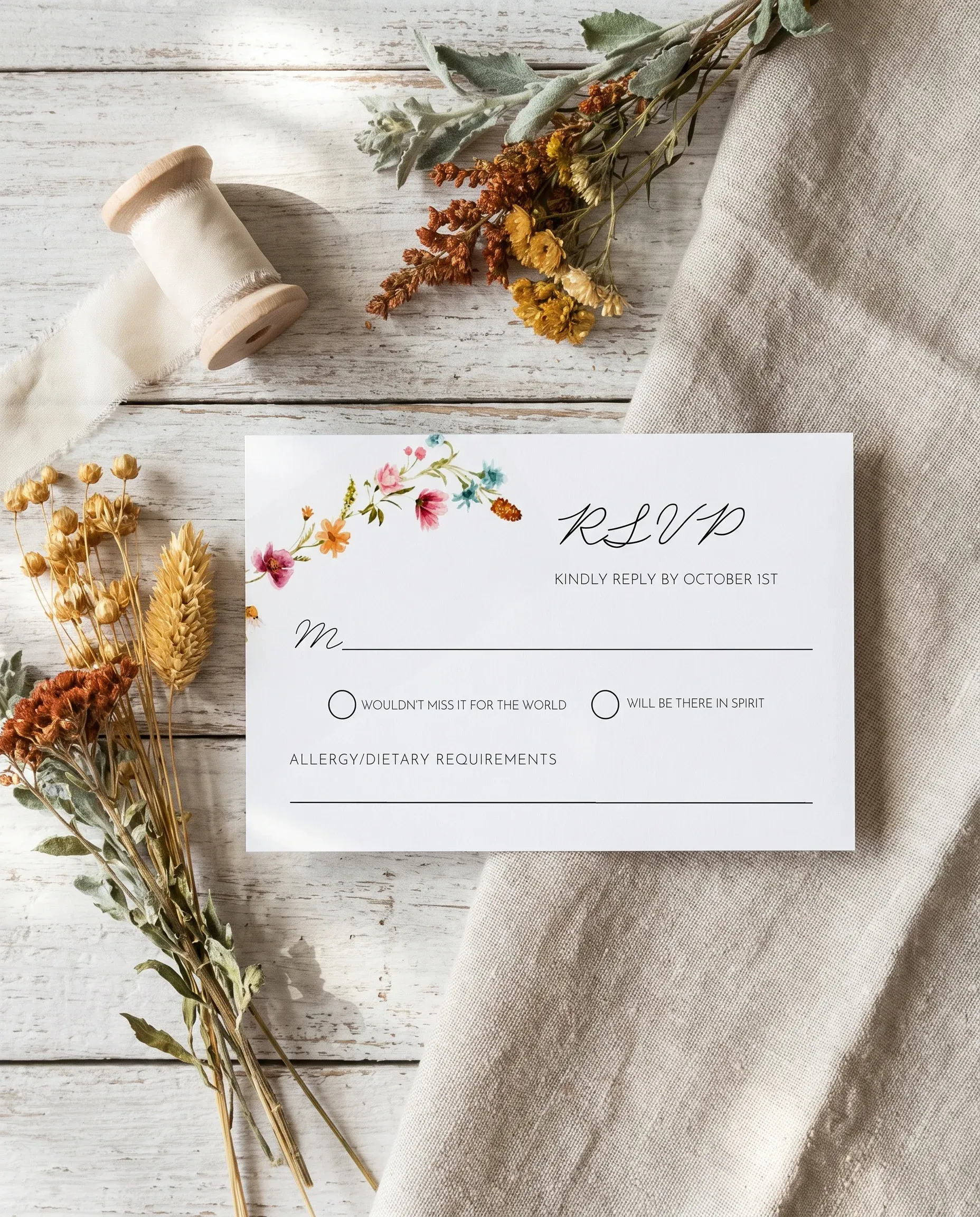 Meadow Ring wedding invitation suite — RSVP card shown in a flat lay on premium editorial paper under soft natural light, wedding RSVP cards.