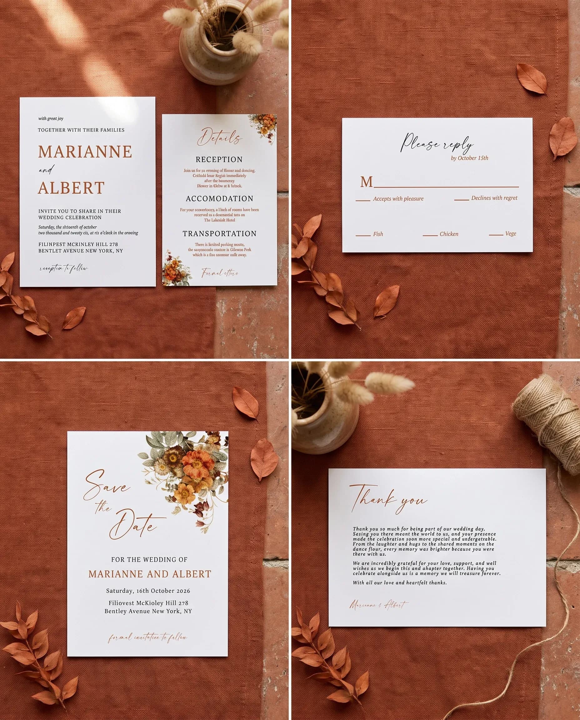 Terracotta Crown wedding invitation set — Invitation, details card, RSVP, save the date and thank you card shown in a flat lay, wedding invitation suite