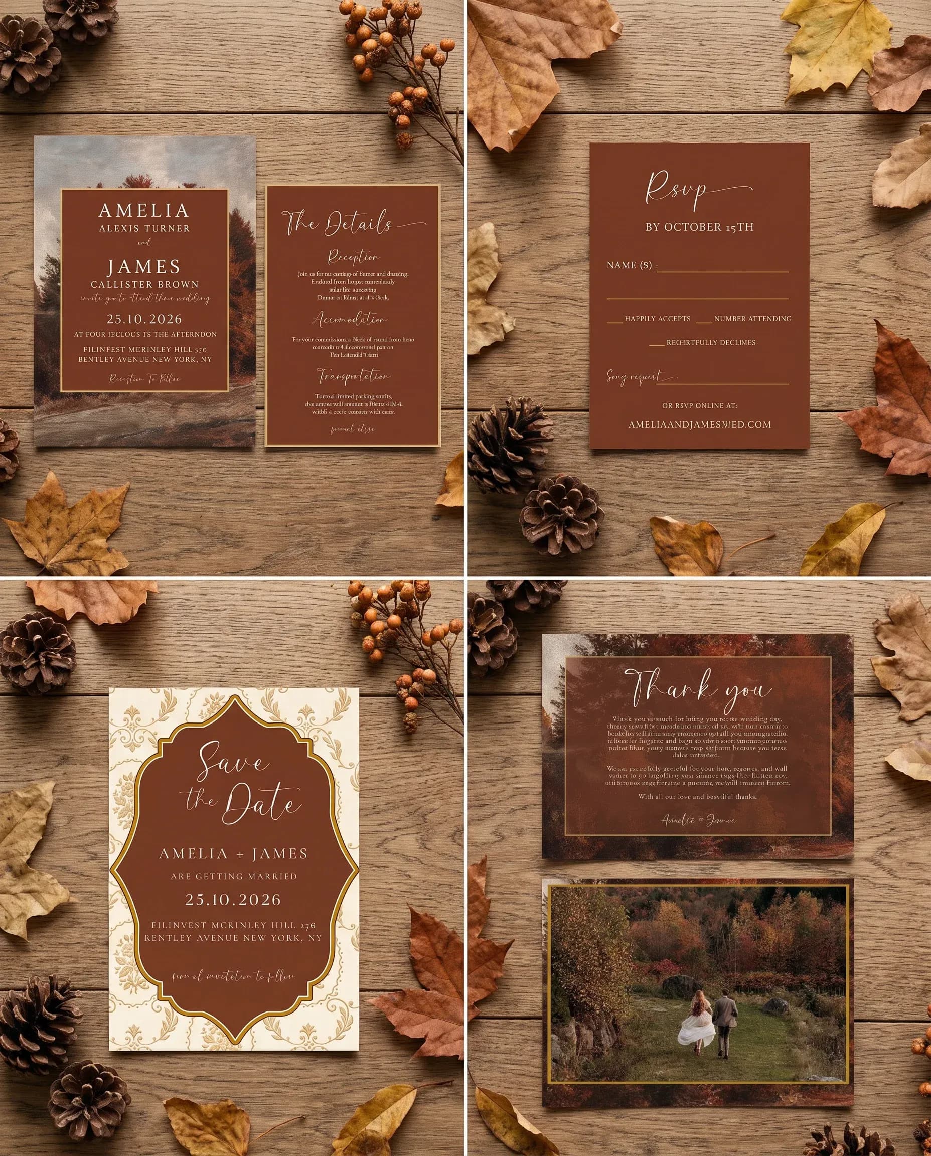 Timberline Reverie wedding invitation set — Invitation, details card, RSVP, save the date and thank you card shown in a flat lay, wedding invitation suite