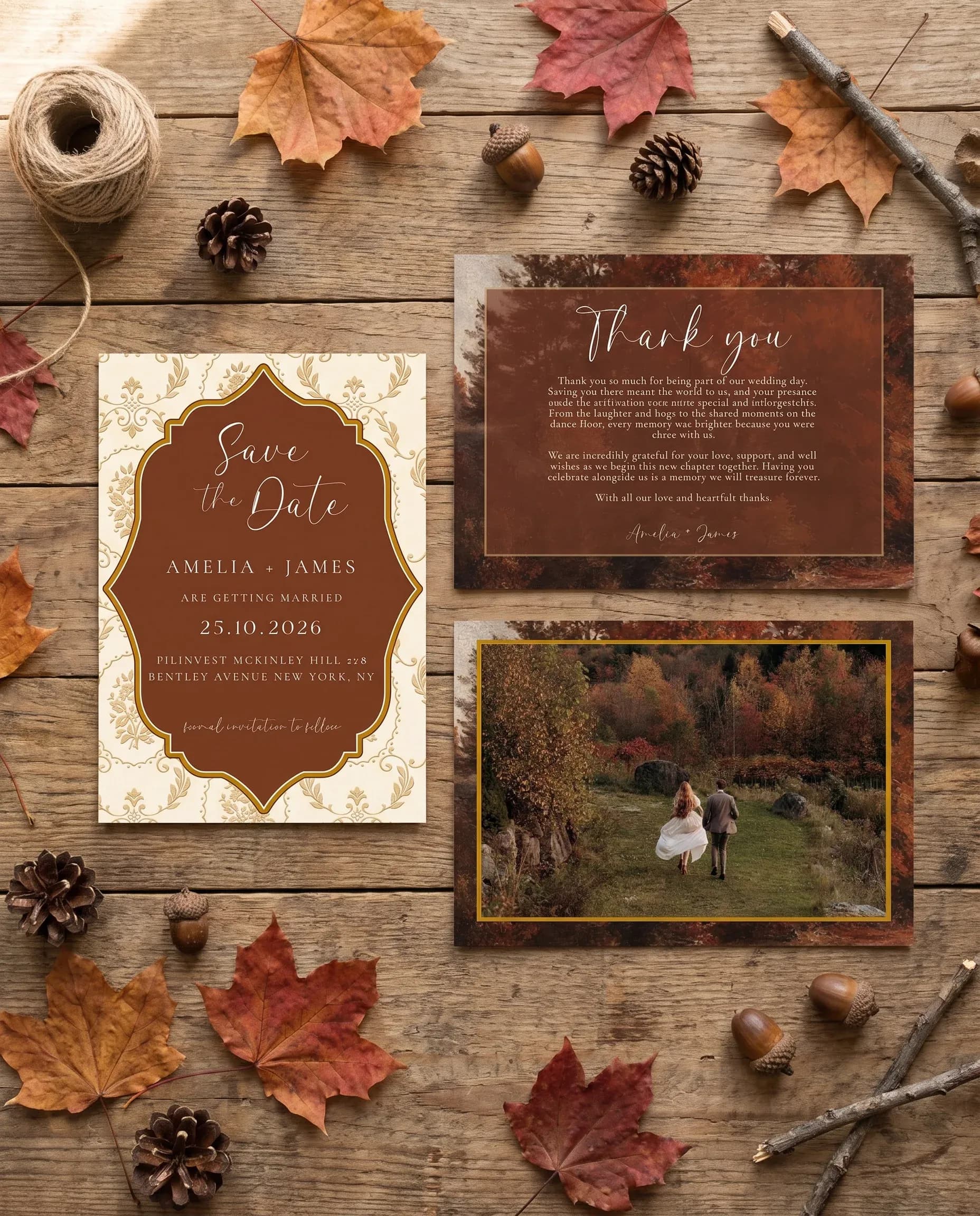 Timberline Reverie wedding invitation set — Save the date and thank you card shown in a flat lay, wedding invitation templates