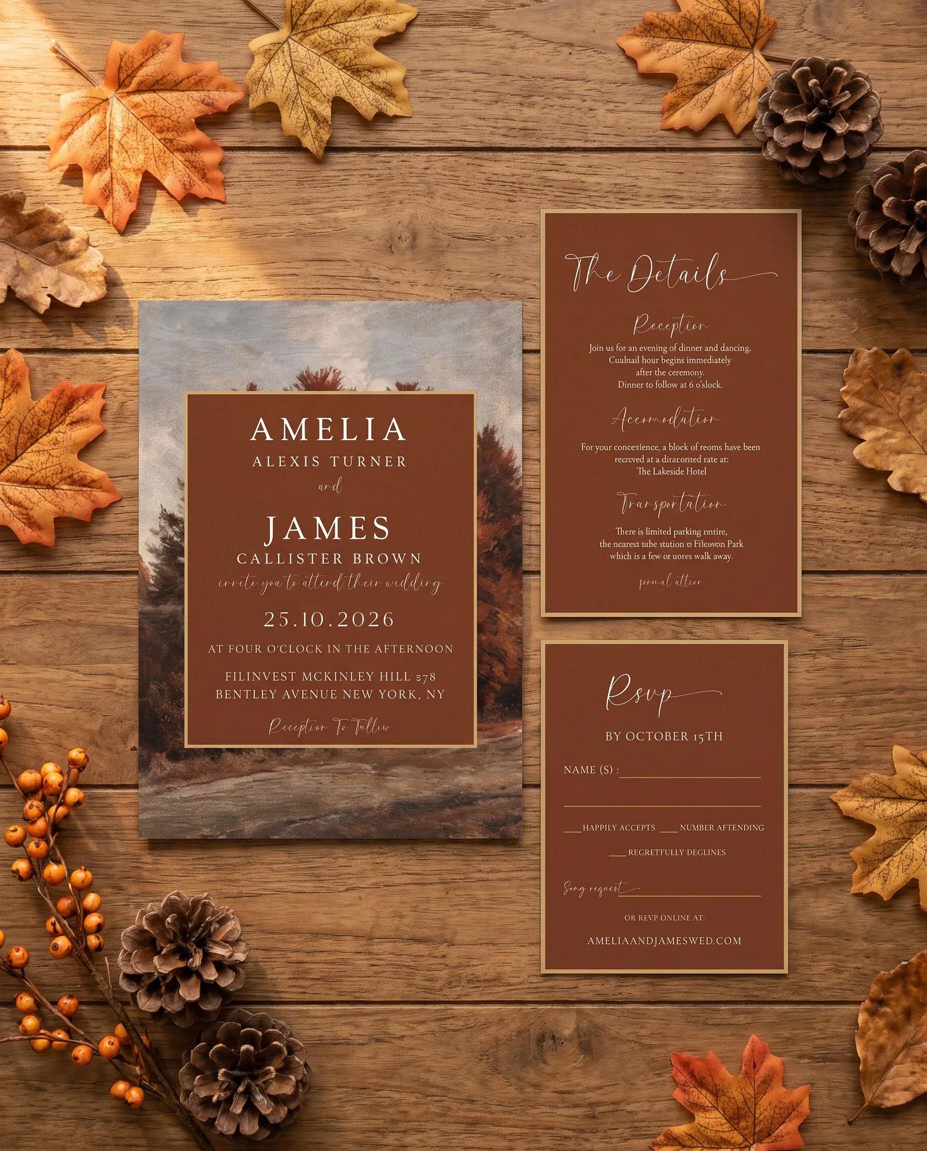 Timberline Reverie wedding invitation set — Invitation, details card and RSVP card shown in a flat lay, printable wedding invitations