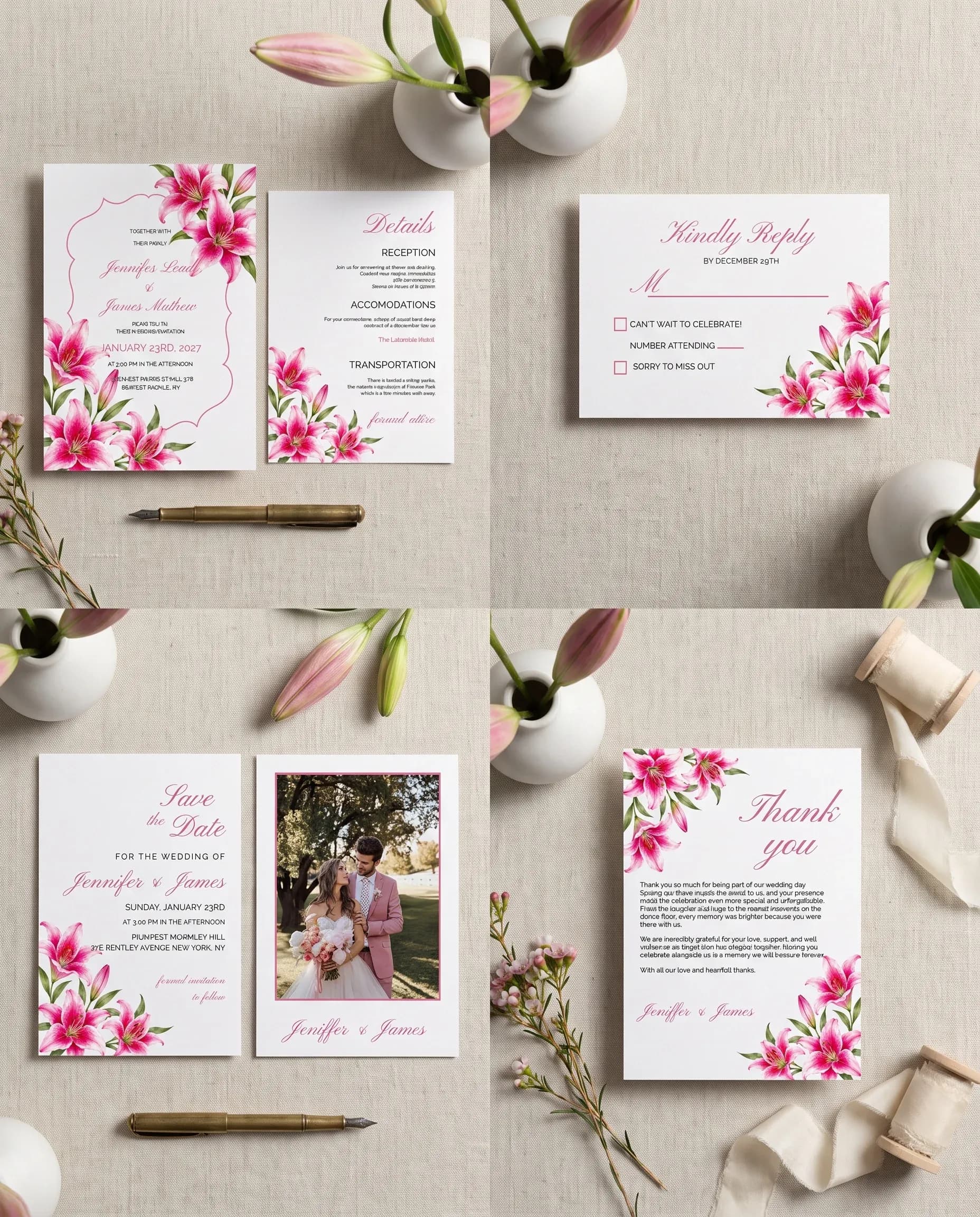 Lily Bloom wedding invitation set — Invitation, details card, RSVP, save the date and thank you card shown in a flat lay, wedding invitation suite