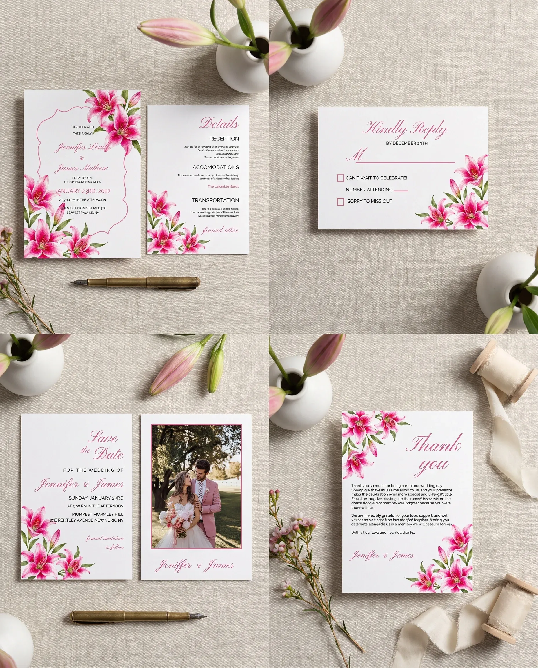 Lily Bloom wedding invitation set — Invitation, details card, RSVP, save the date and thank you card shown in a flat lay, wedding invitation suite
