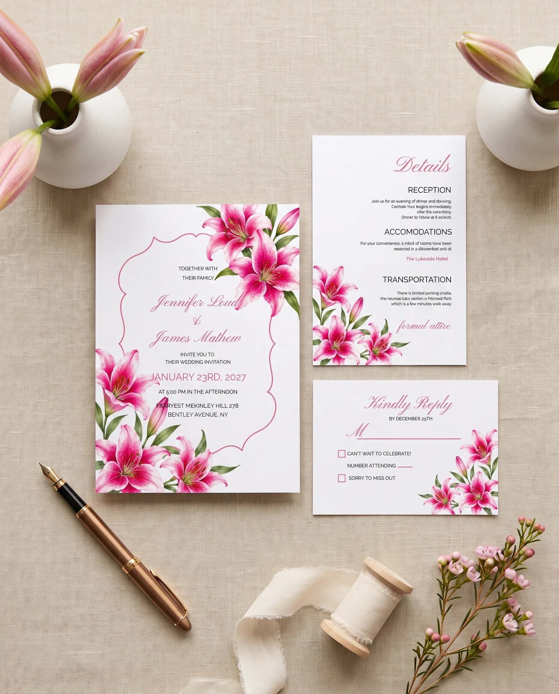 Lily Bloom wedding invitation set — invitation, details card, RSVP card, printable wedding stationery template