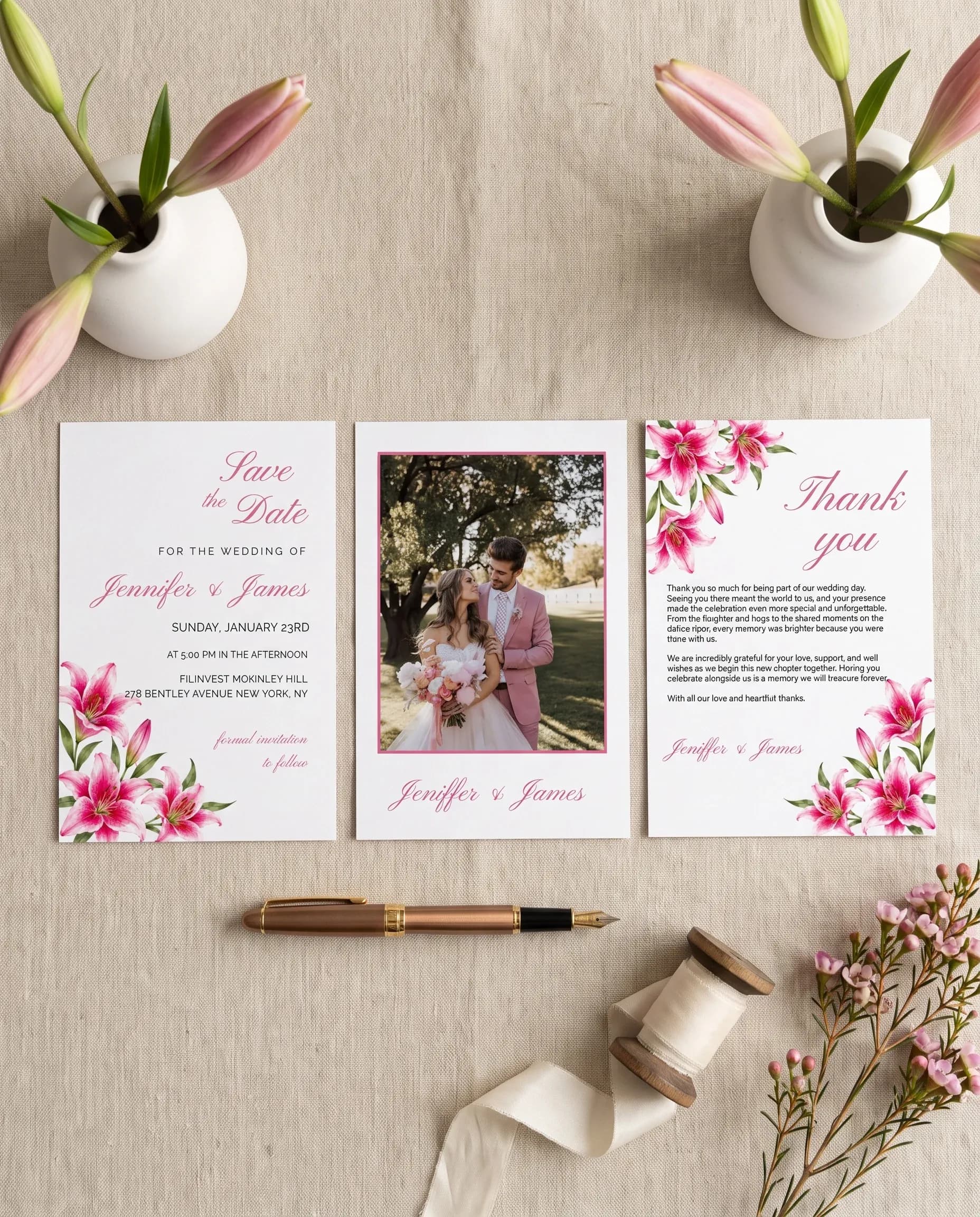 Lily Bloom wedding invitation set — invitation, details card, RSVP card, printable wedding stationery template