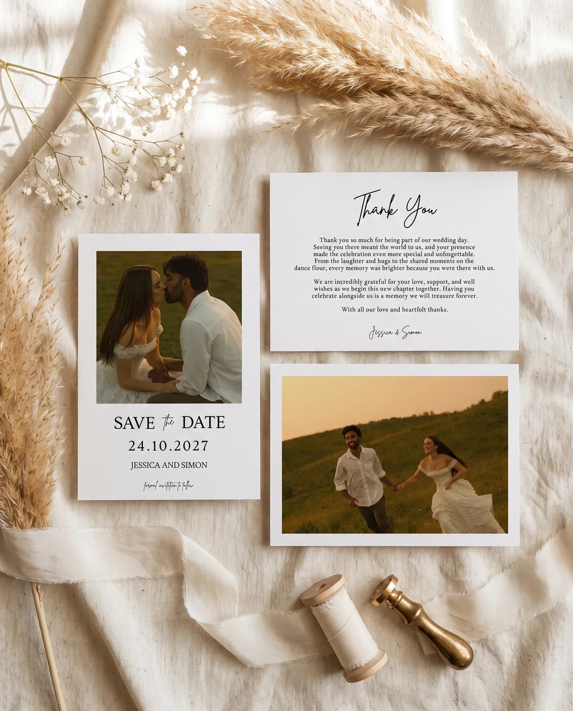 Arrowcrest wedding invitation set — pages four, five, and six shown in flat lay, printable wedding stationery template