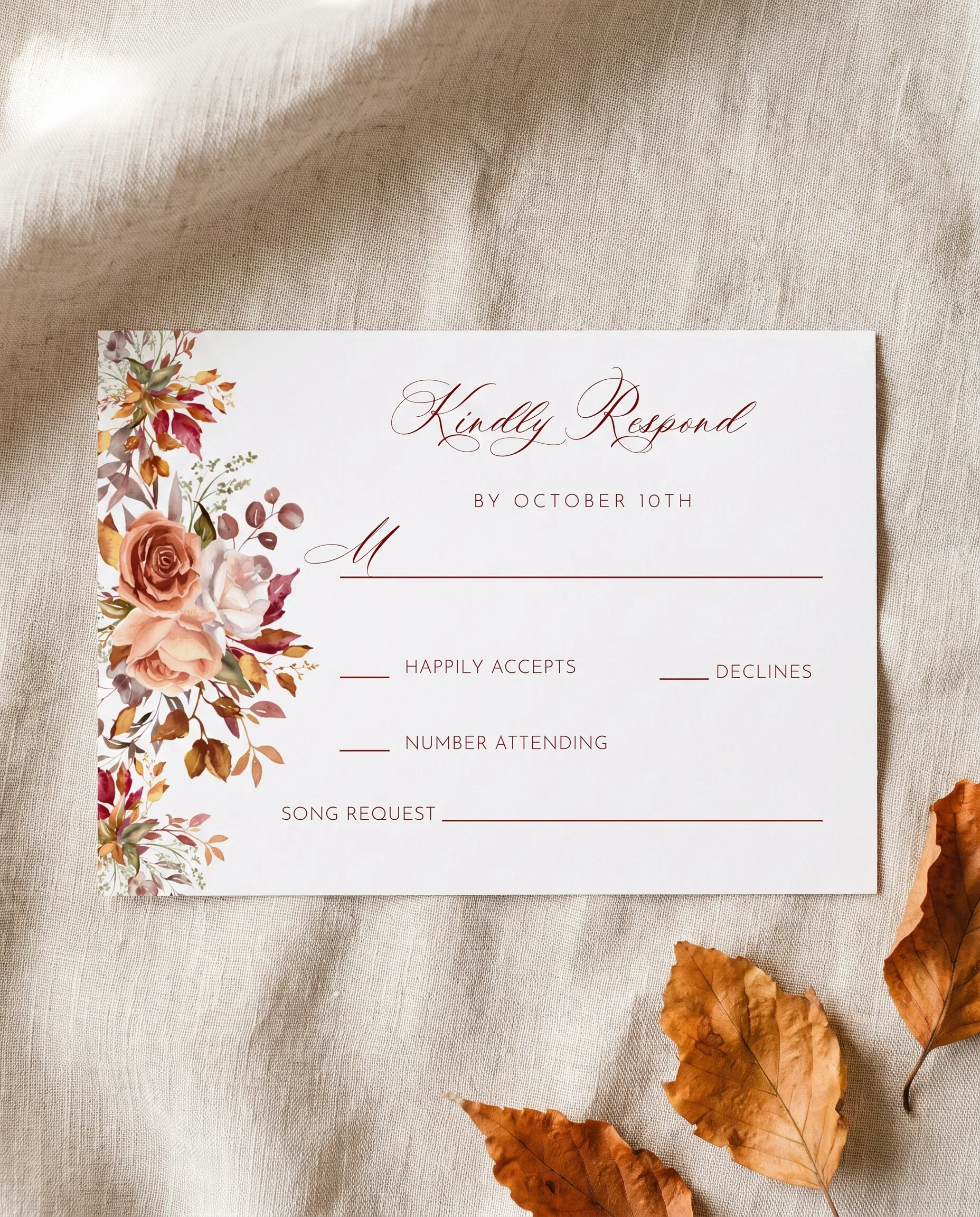 Autumn Blush wedding invitation suite — RSVP card shown in a flat lay, wedding RSVP cards