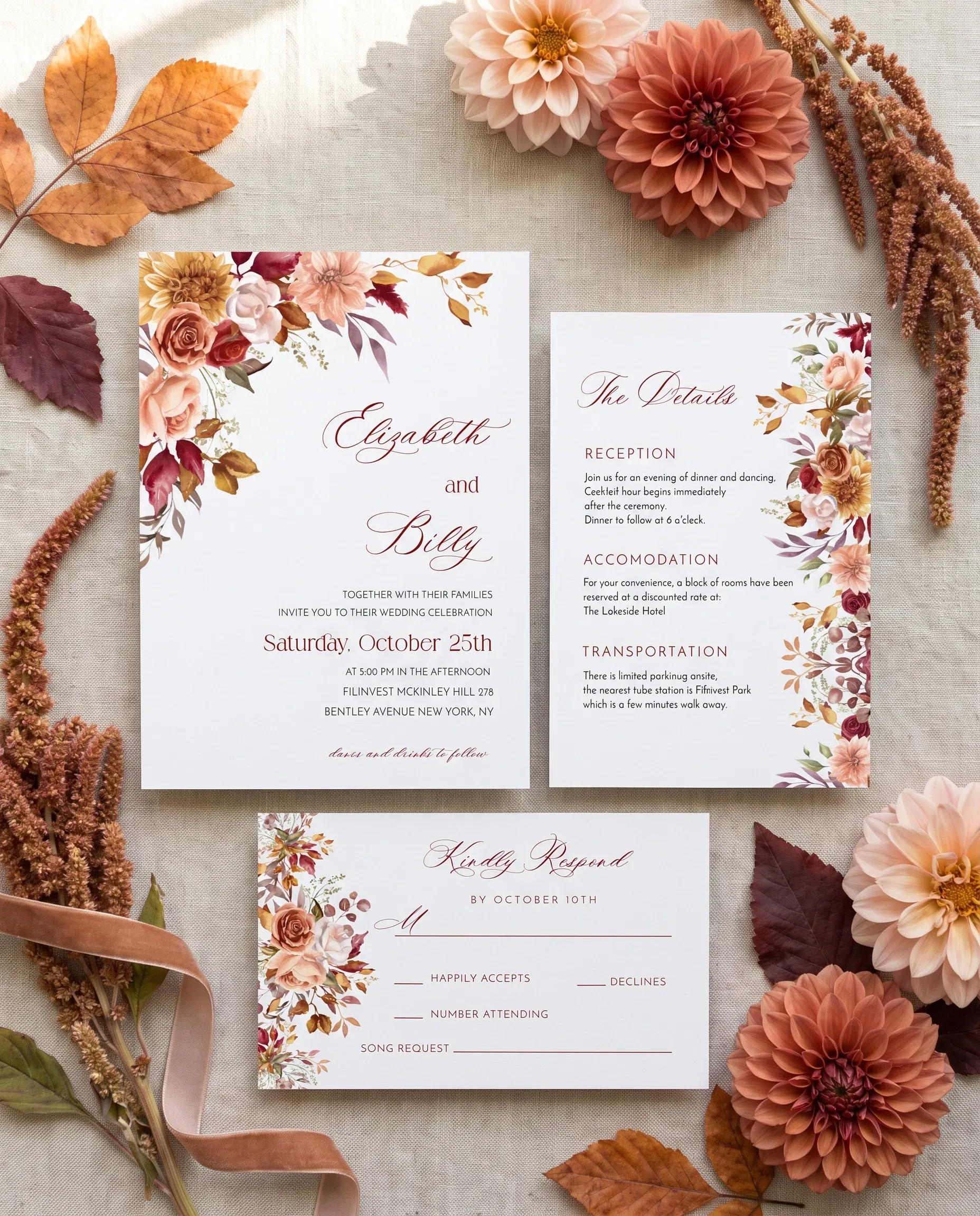 Autumn Blush wedding invitation suite — invitation, details card and RSVP shown in a flat lay under soft natural light, wedding invitation templates.