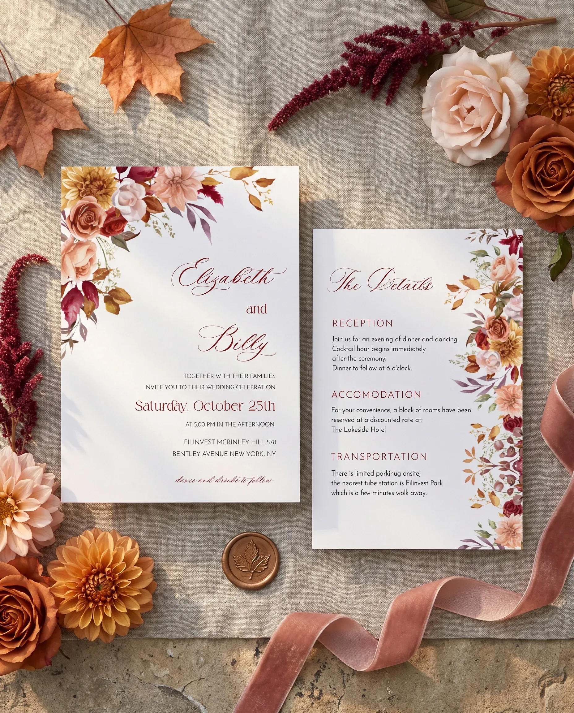 Autumn Blush wedding invitation suite — invitation and details card shown together in a soft, overhead flat lay, wedding details card.