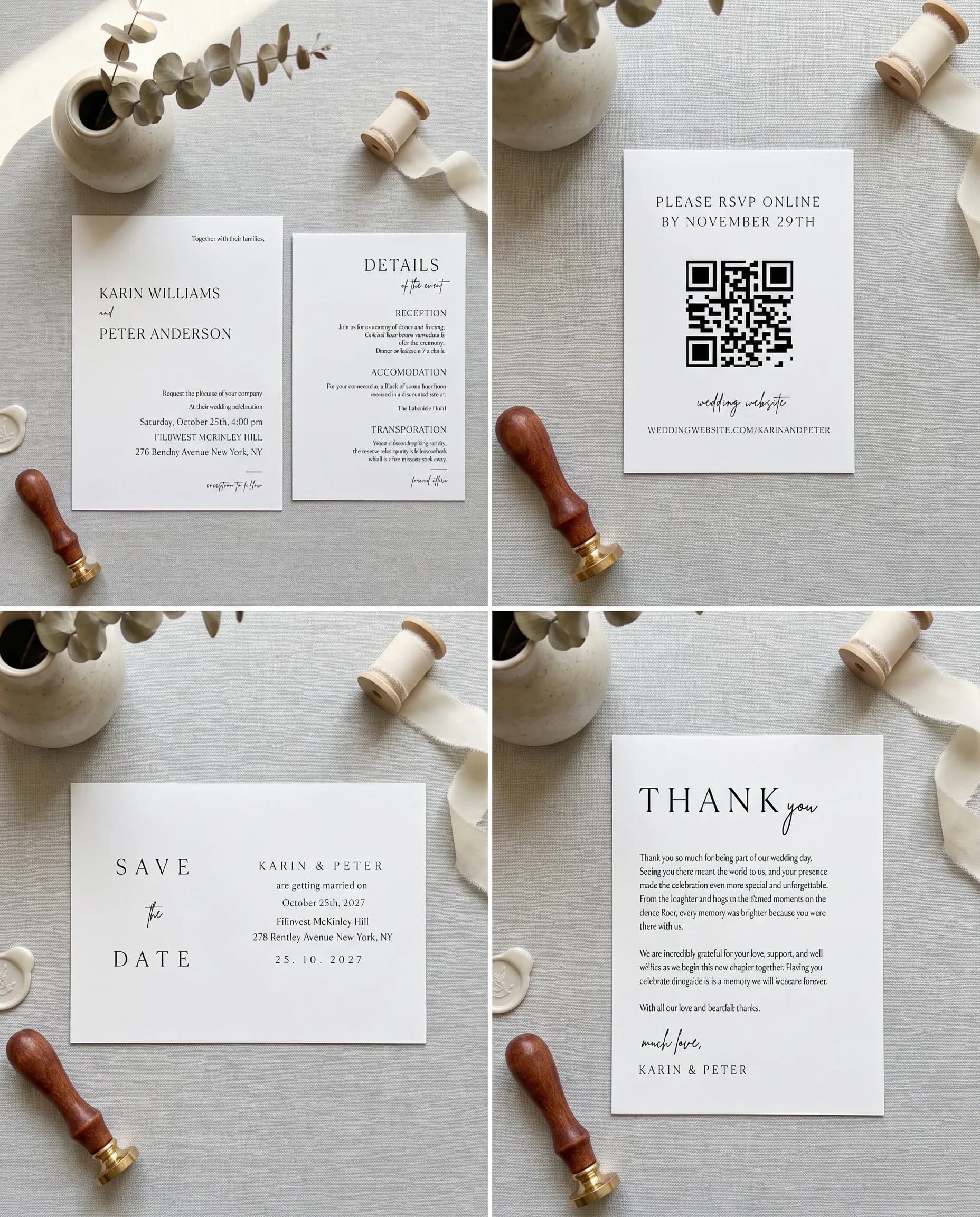 Contour wedding invitation set — five-piece stationery bundle with invitation, details card, RSVP, and thank you card, printable wedding stationery template
