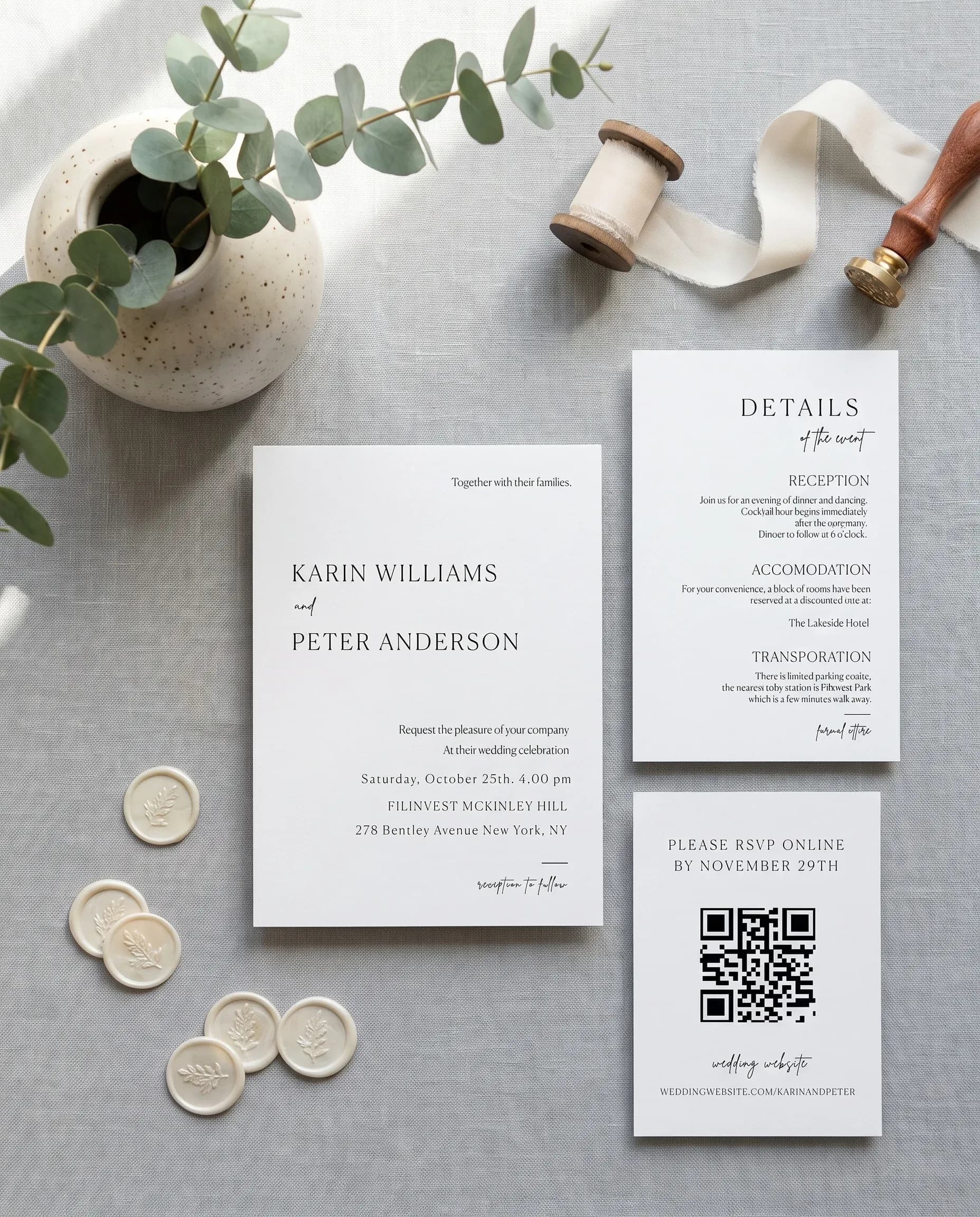 Contour wedding invitation set — invitation, details card, and RSVP card shown flat, printable wedding stationery template.