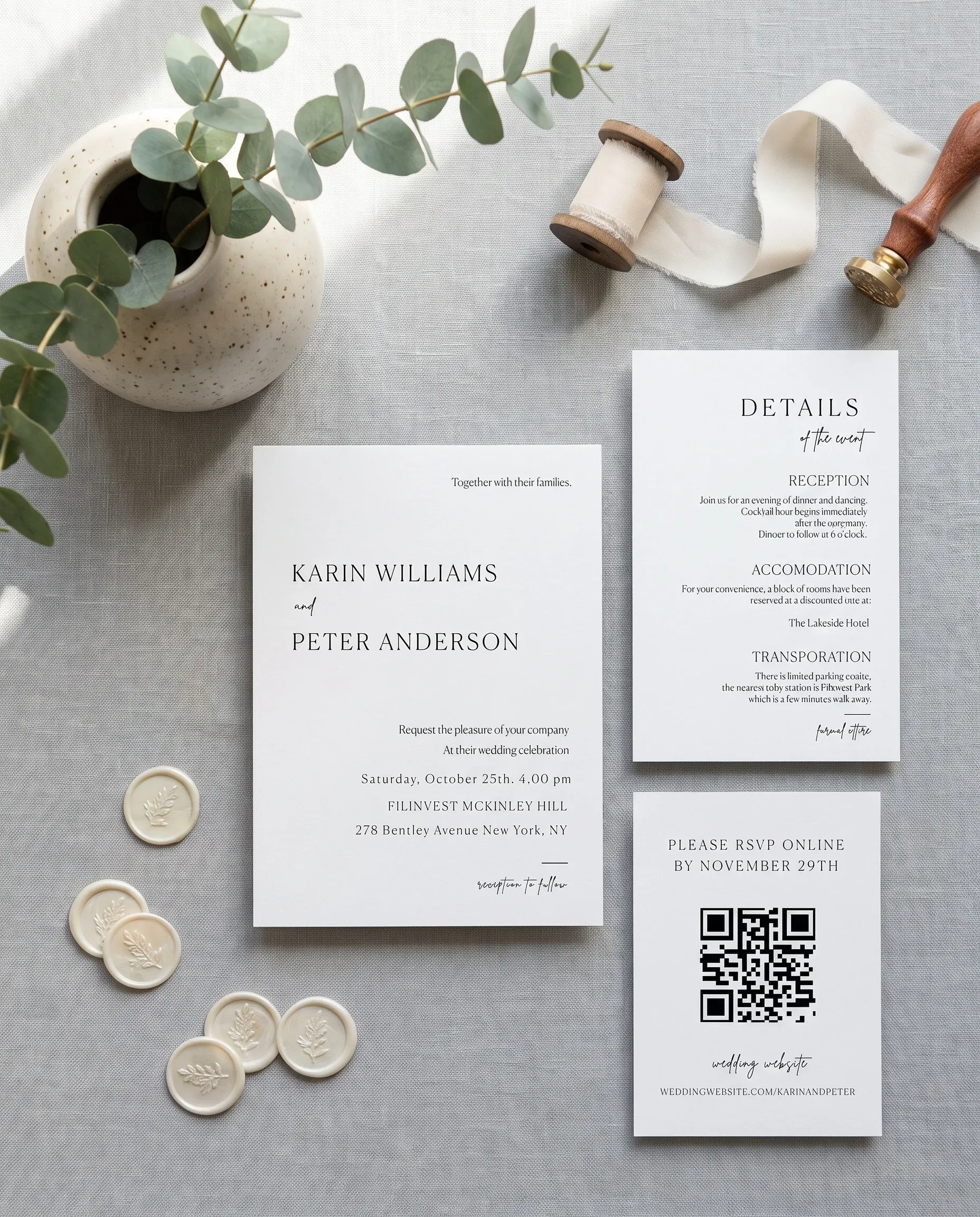Contour wedding invitation set — invitation, details card, and RSVP card shown flat, printable wedding templates.