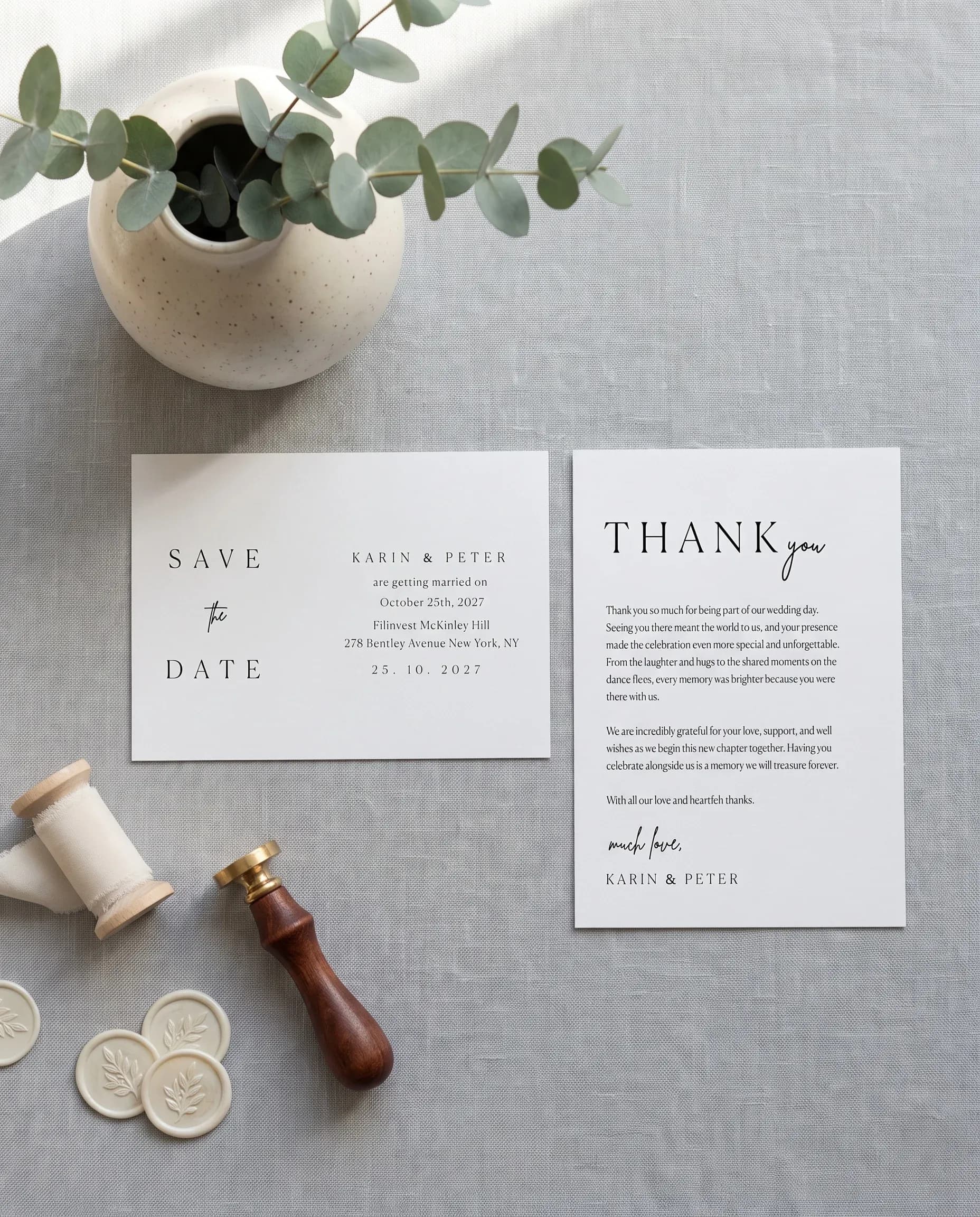 Contour wedding invitation set — invitation and details card shown flat, printable wedding stationery template