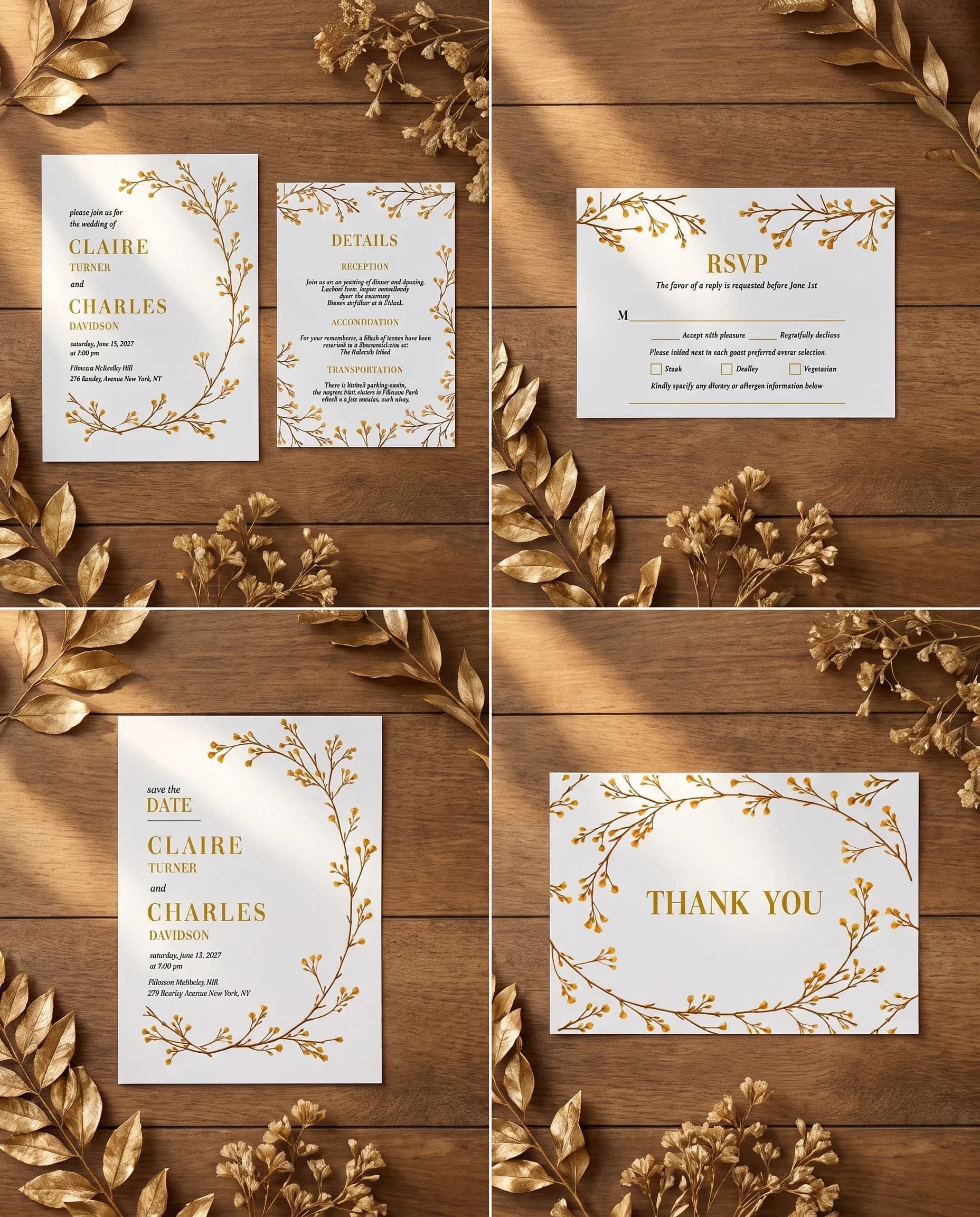 Golden Vine wedding invitation set — Invitation, details card, RSVP, save the date and thank you card shown in a flat lay, wedding invitation suite