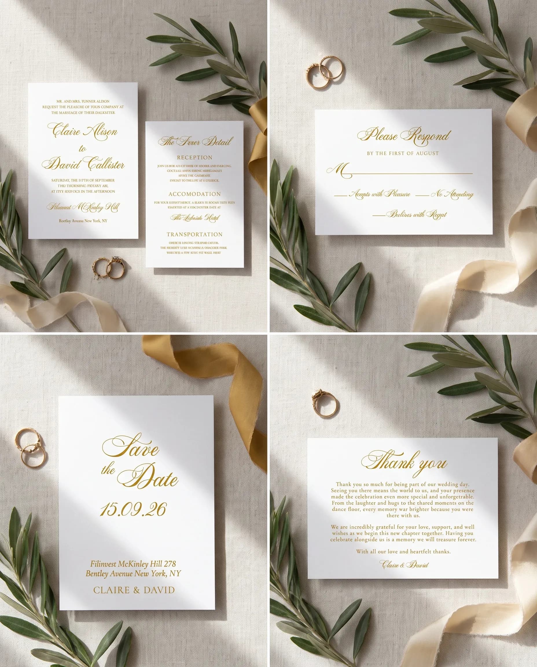 Gilded Arrow wedding invitation set — Invitation, details card, RSVP, save the date and thank you card shown in a flat lay, wedding invitation suite