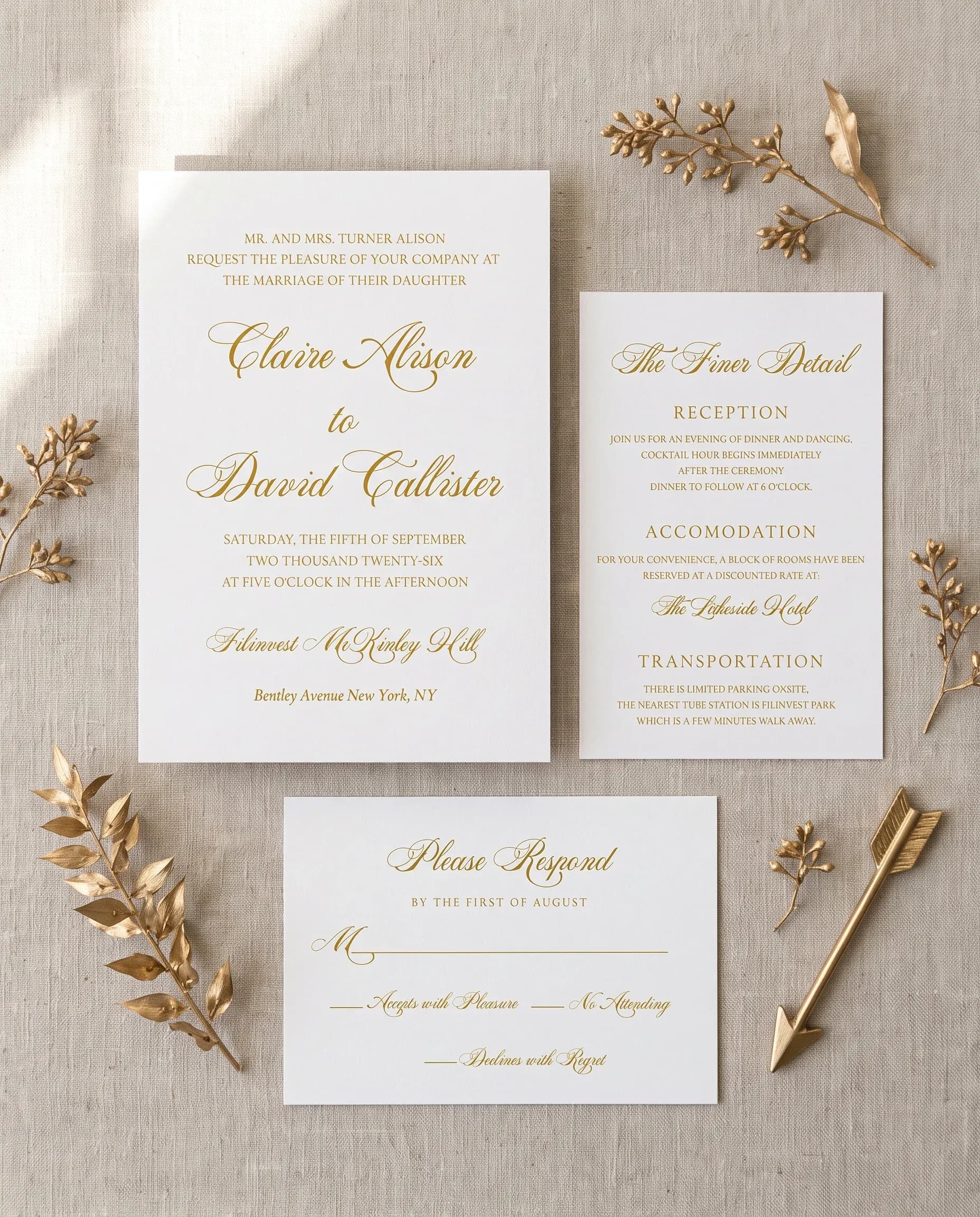 Gilded Arrow wedding invitation set — Invitation, details card and RSVP card shown in a flat lay, printable wedding invitations