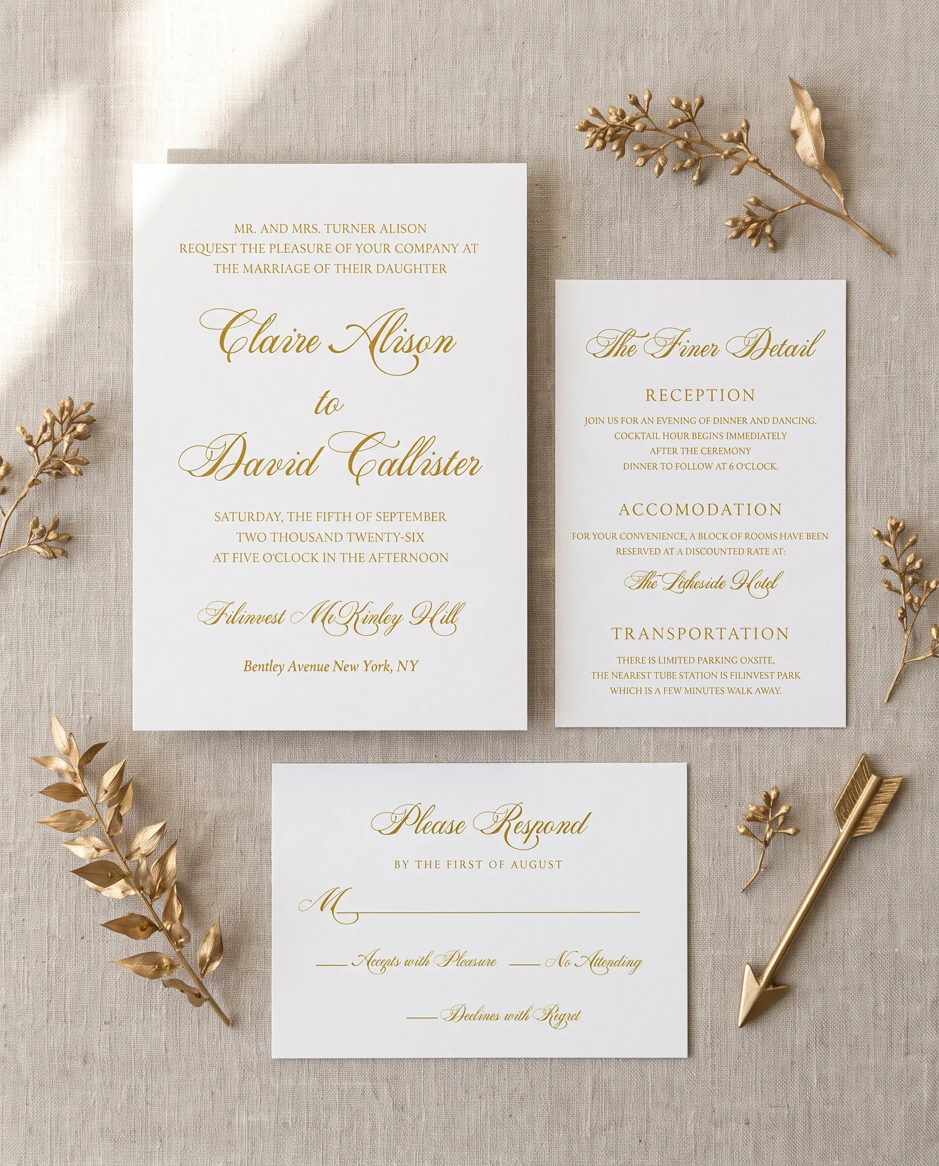Gilded Arrow wedding invitation set — Invitation, details card and RSVP card shown in a flat lay, printable wedding invitations
