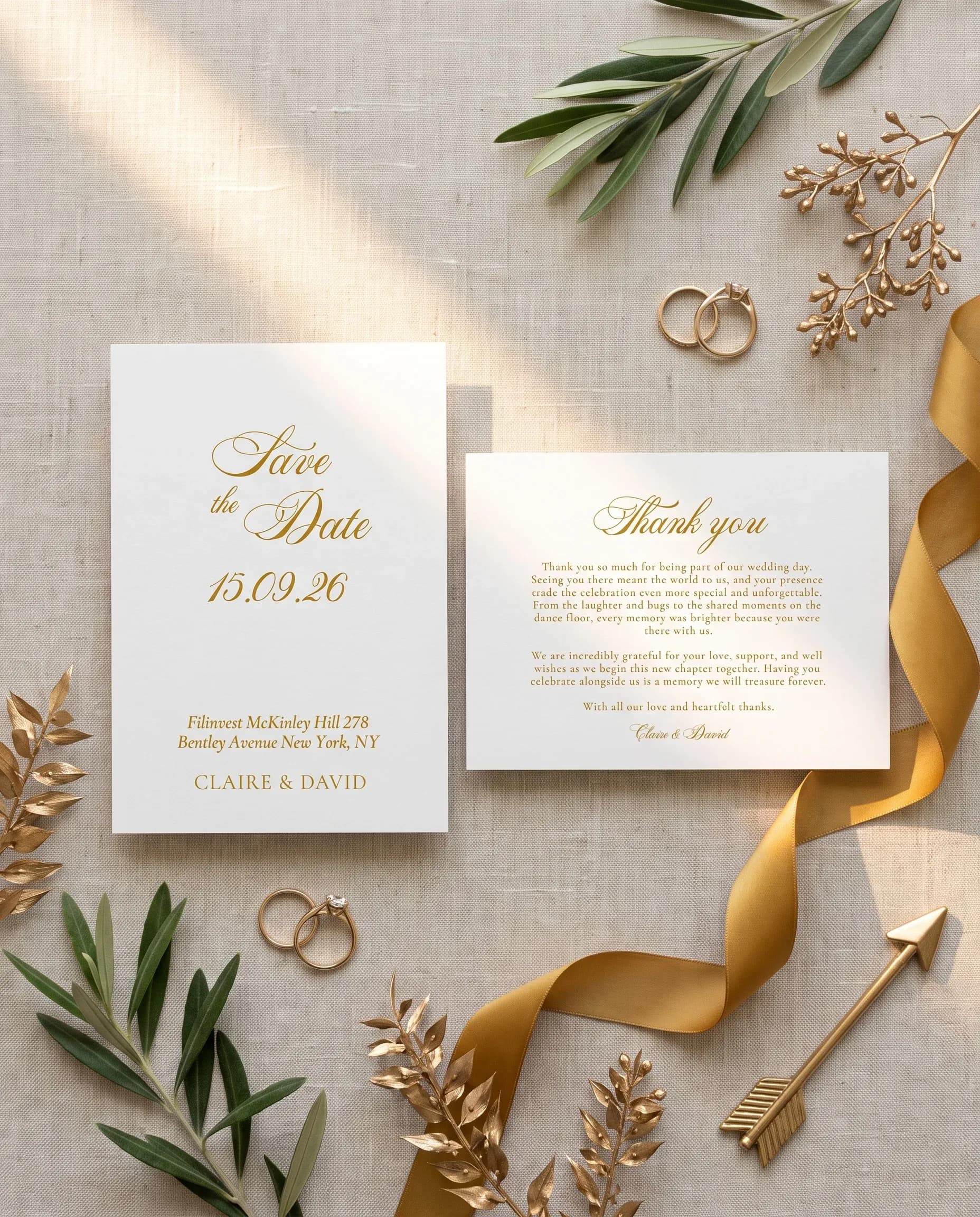 Gilded Arrow wedding invitation set — Save the date and thank you card shown in a flat lay, wedding invitation templates