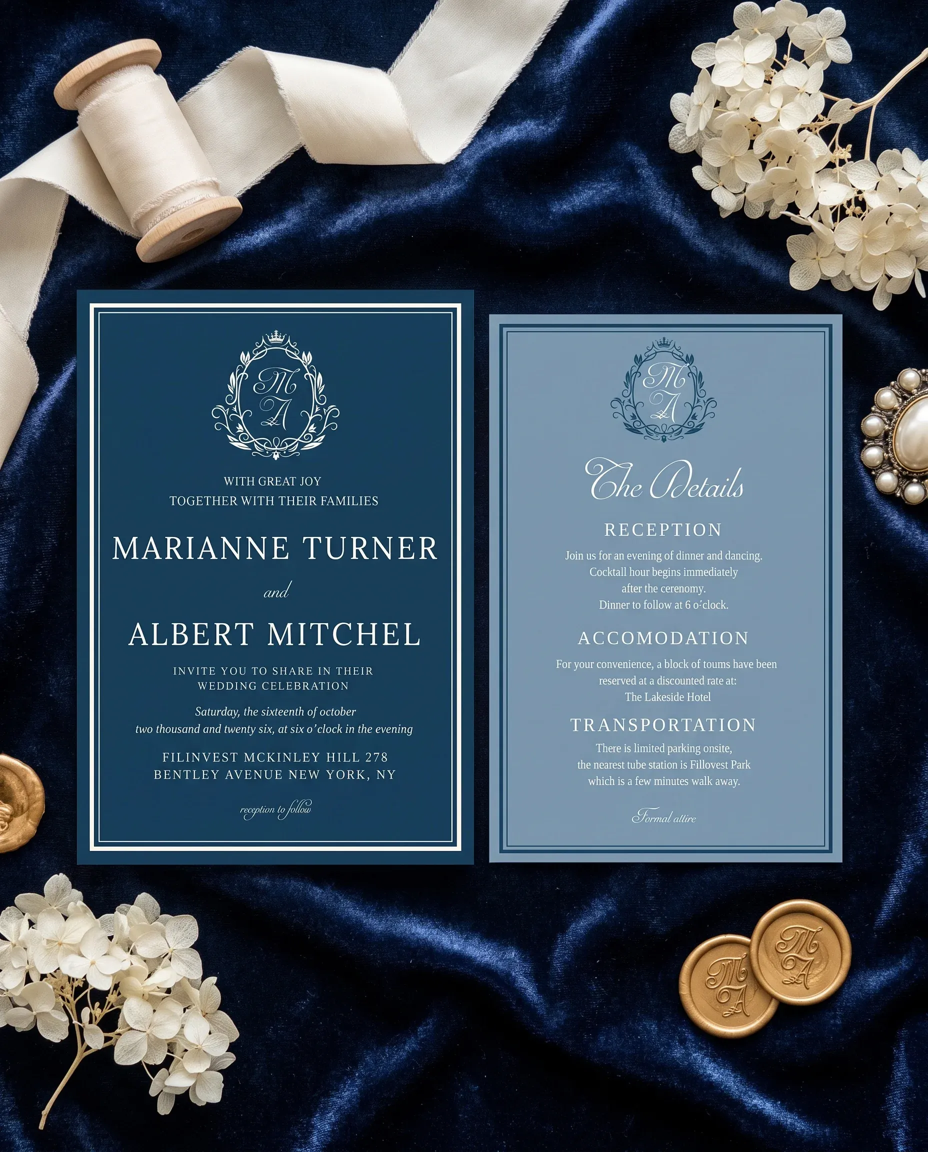 Windsor Crown wedding invitation suite — invitation and details card shown in a flat lay, wedding details card.