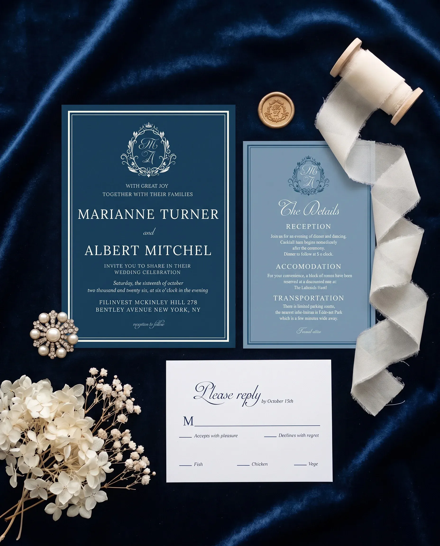 Windsor Crown wedding invitation suite — invitation, details card and RSVP shown in a flat lay, wedding invitation templates.