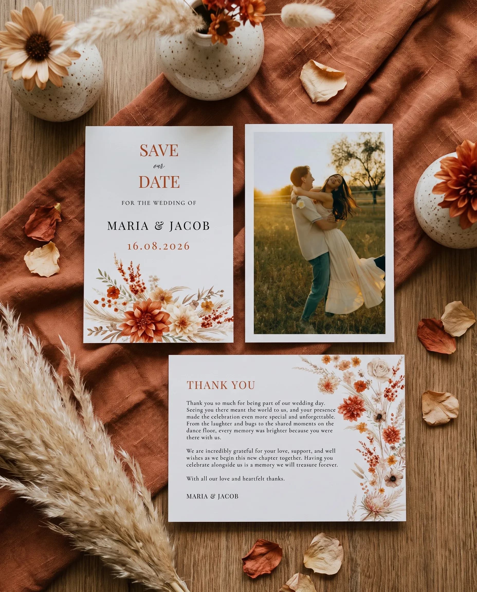 Dahlia Ember wedding invitation set — Save the date and thank you card shown in a flat lay, wedding invitation templates