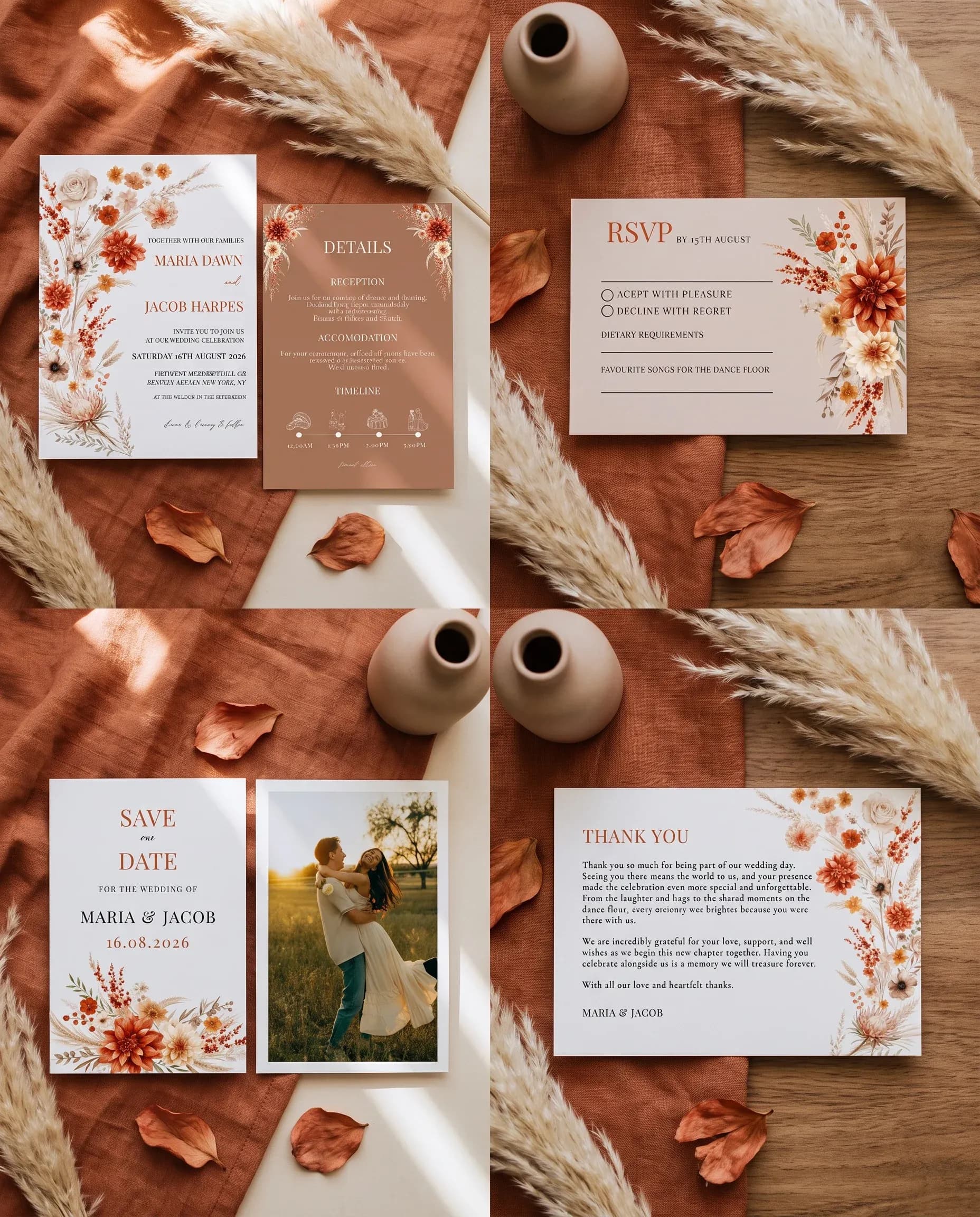 Dahlia Ember wedding invitation set — Invitation, details card, RSVP, save the date and thank you card shown in a flat lay, wedding invitation suite