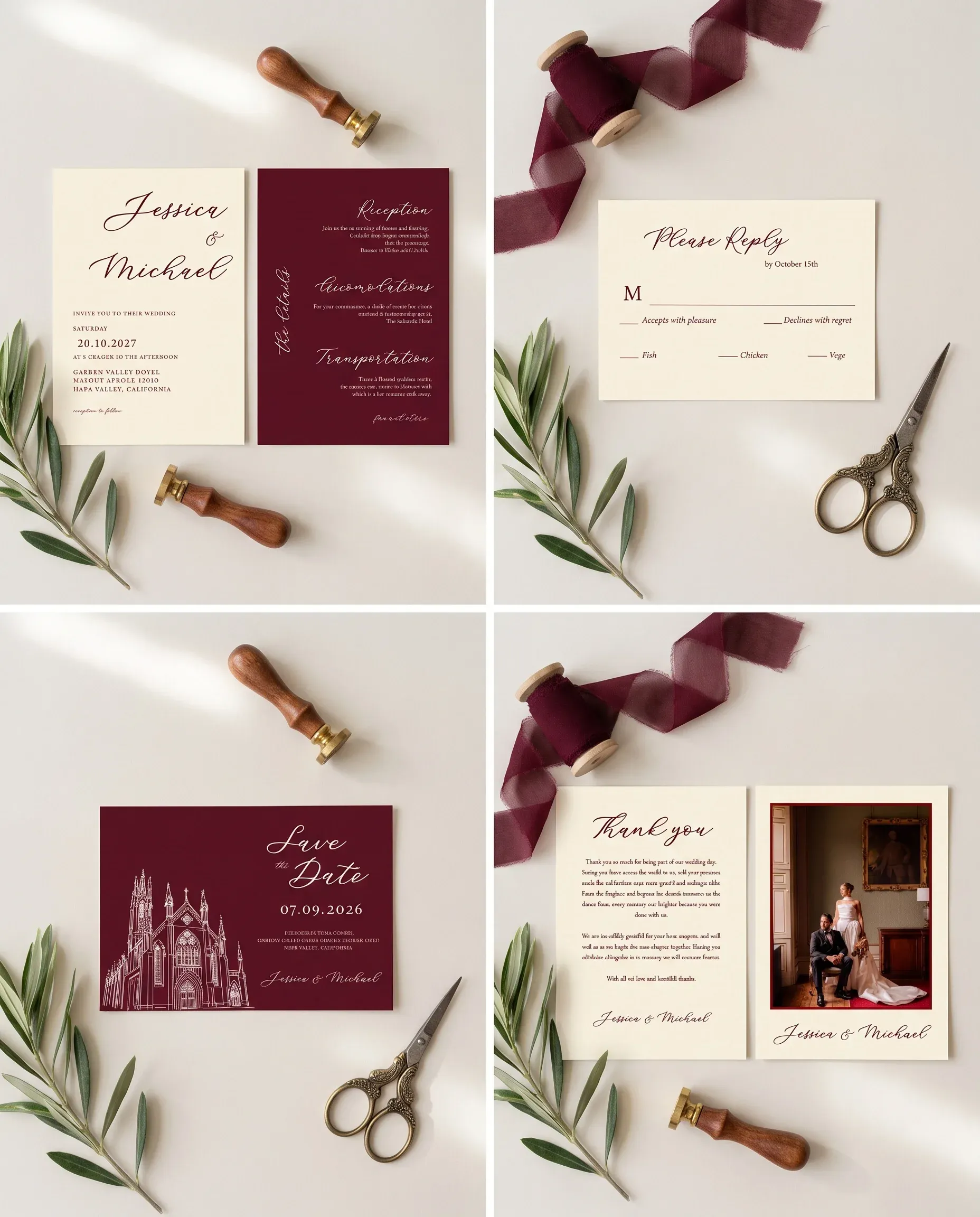 Claret Vine wedding invitation set — Invitation, details card, RSVP, save the date and thank you card shown in a flat lay, wedding invitation suite