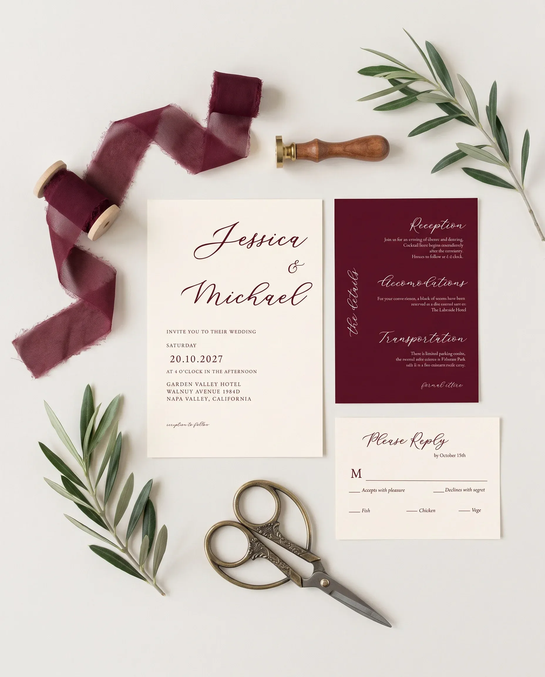 Claret Vine wedding invitation set — Invitation, details card and RSVP card shown in a flat lay, printable wedding invitations