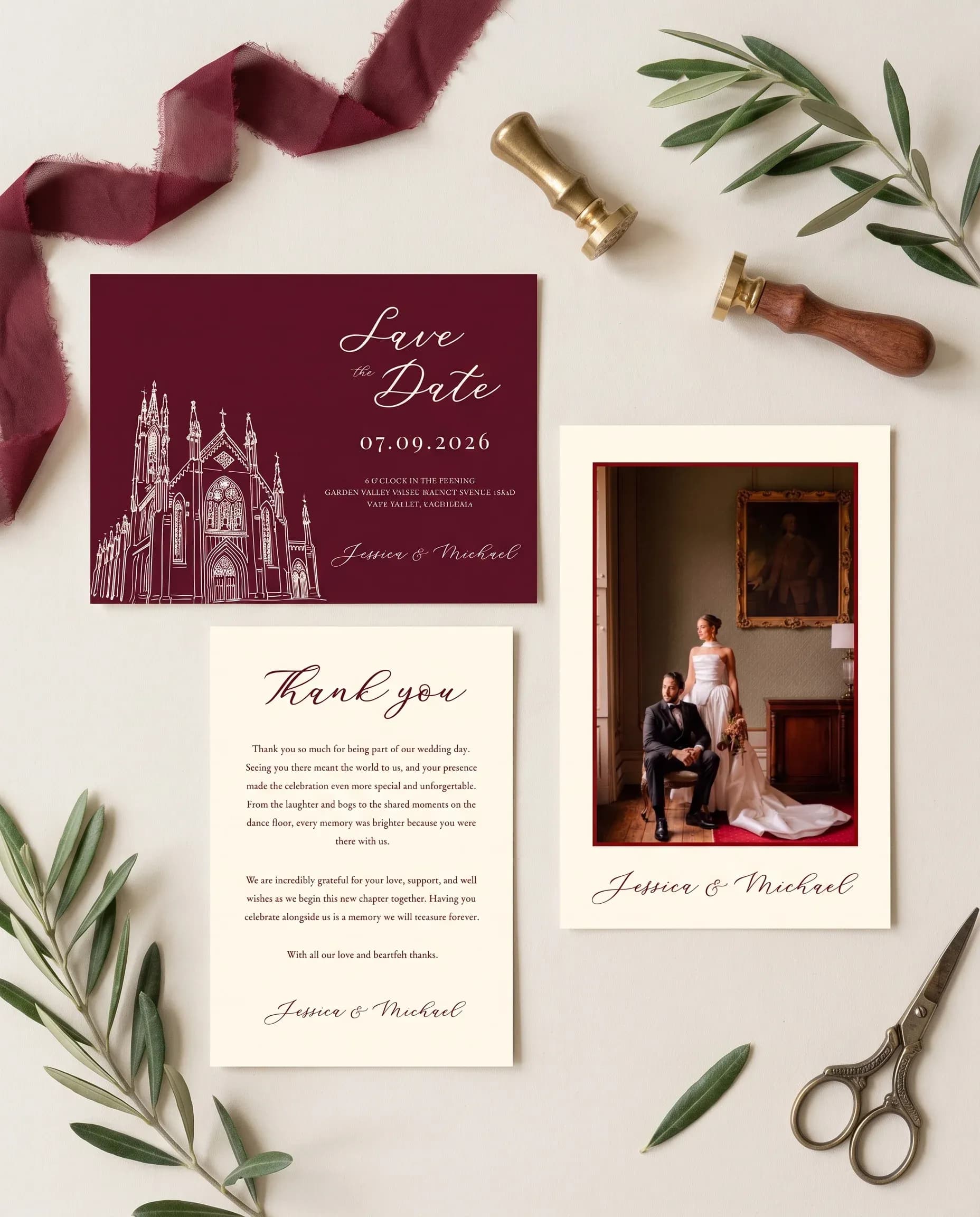 Claret Vine wedding invitation set — Save the date and thank you card shown in a flat lay, wedding invitation templates