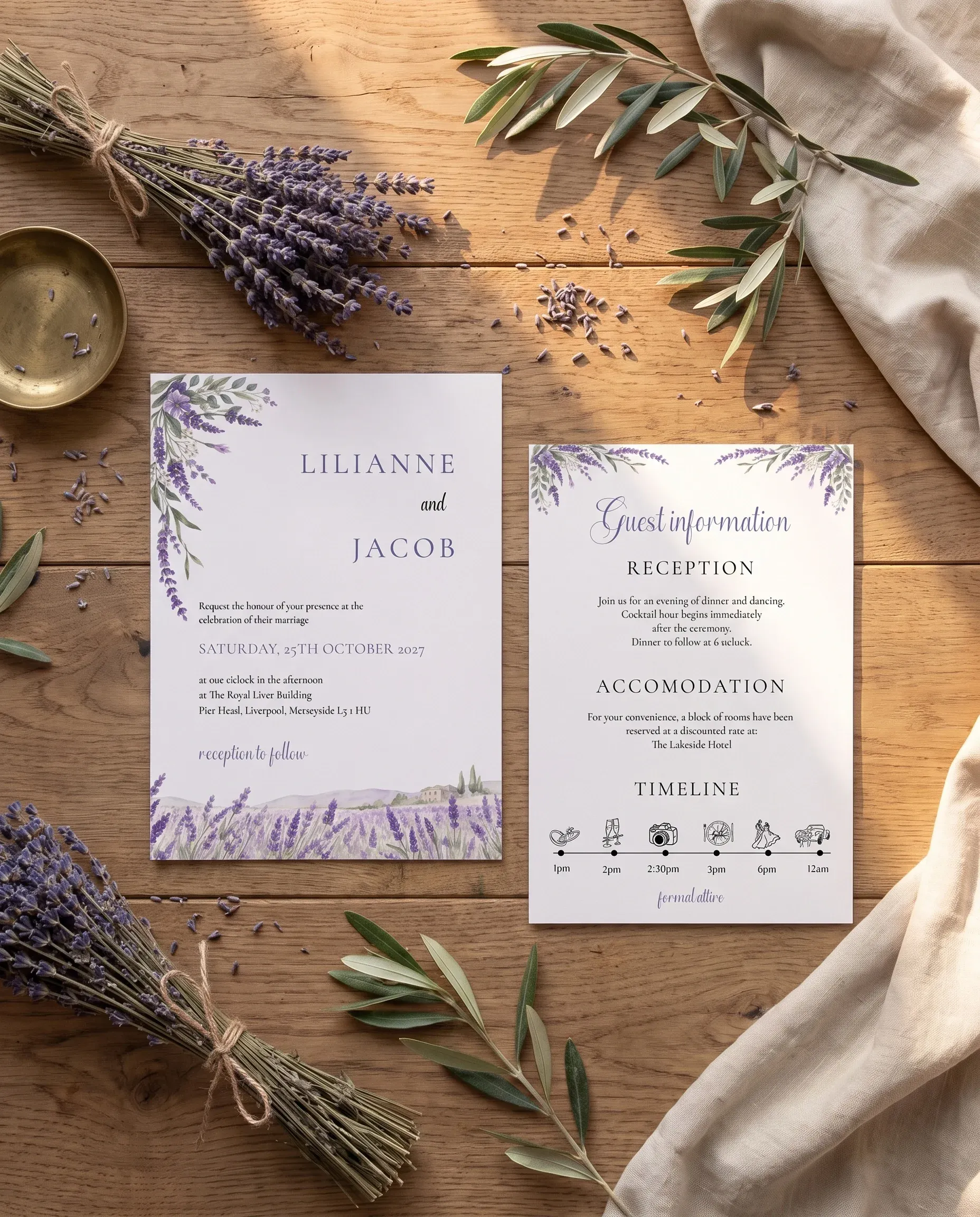 Provence Fields wedding invitation suite — invitation and details card shown in a flat lay under soft natural light, wedding details card