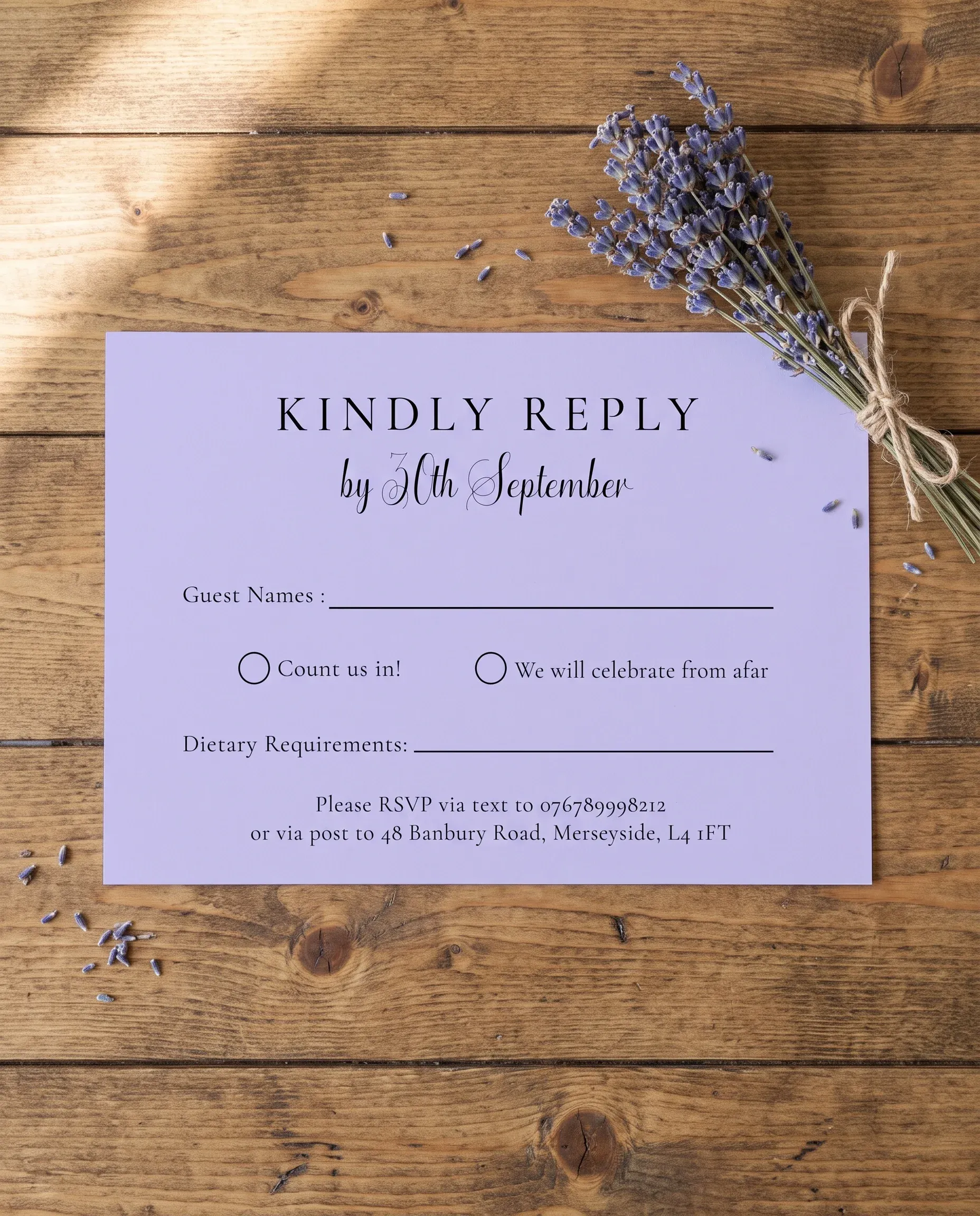 Provence Fields wedding invitation suite — RSVP card shown in a flat lay on premium editorial paper under soft natural light, wedding RSVP cards.